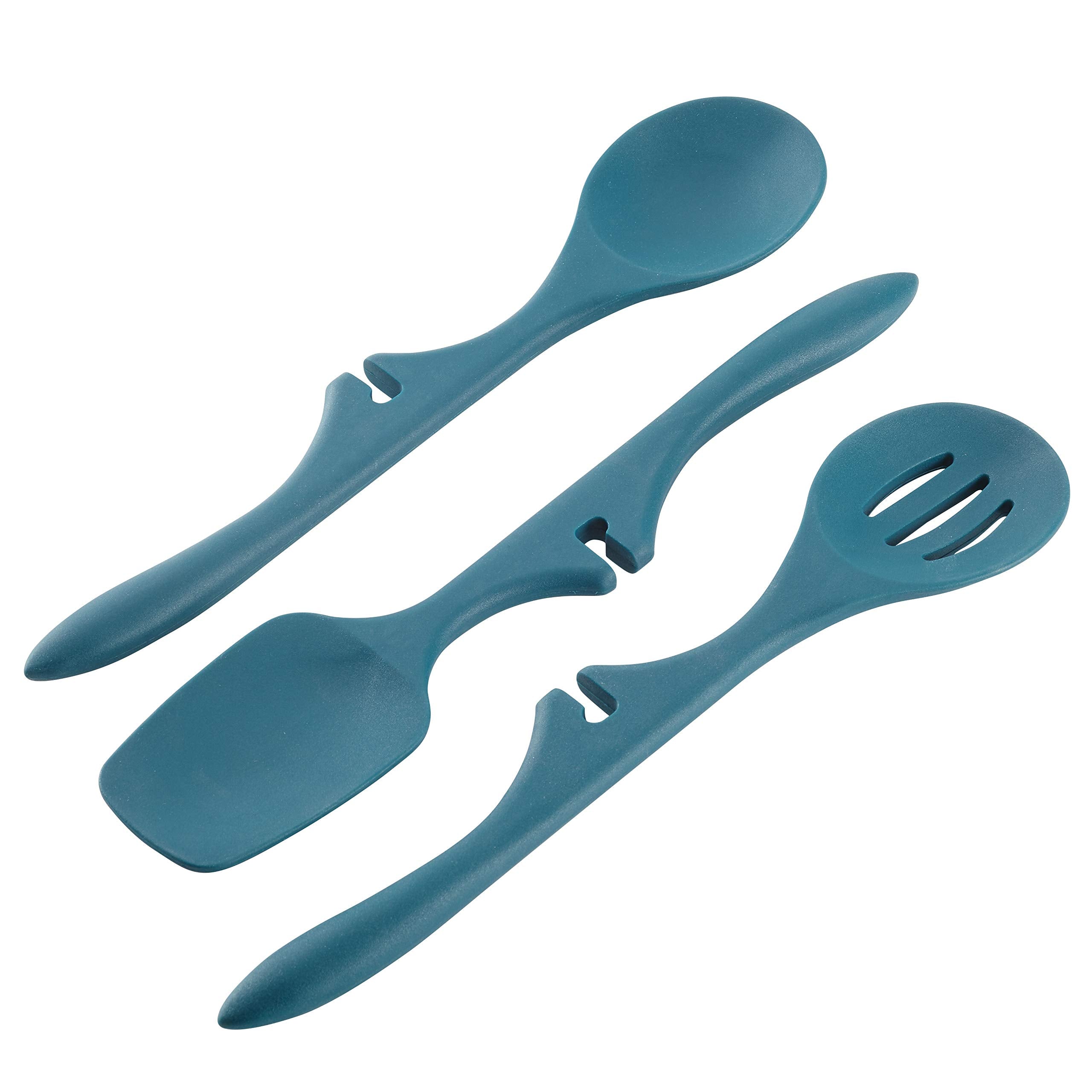 Rachael Ray front view of marine blue 3-piece utensil set showing built-in notches and handles for tidy cooking