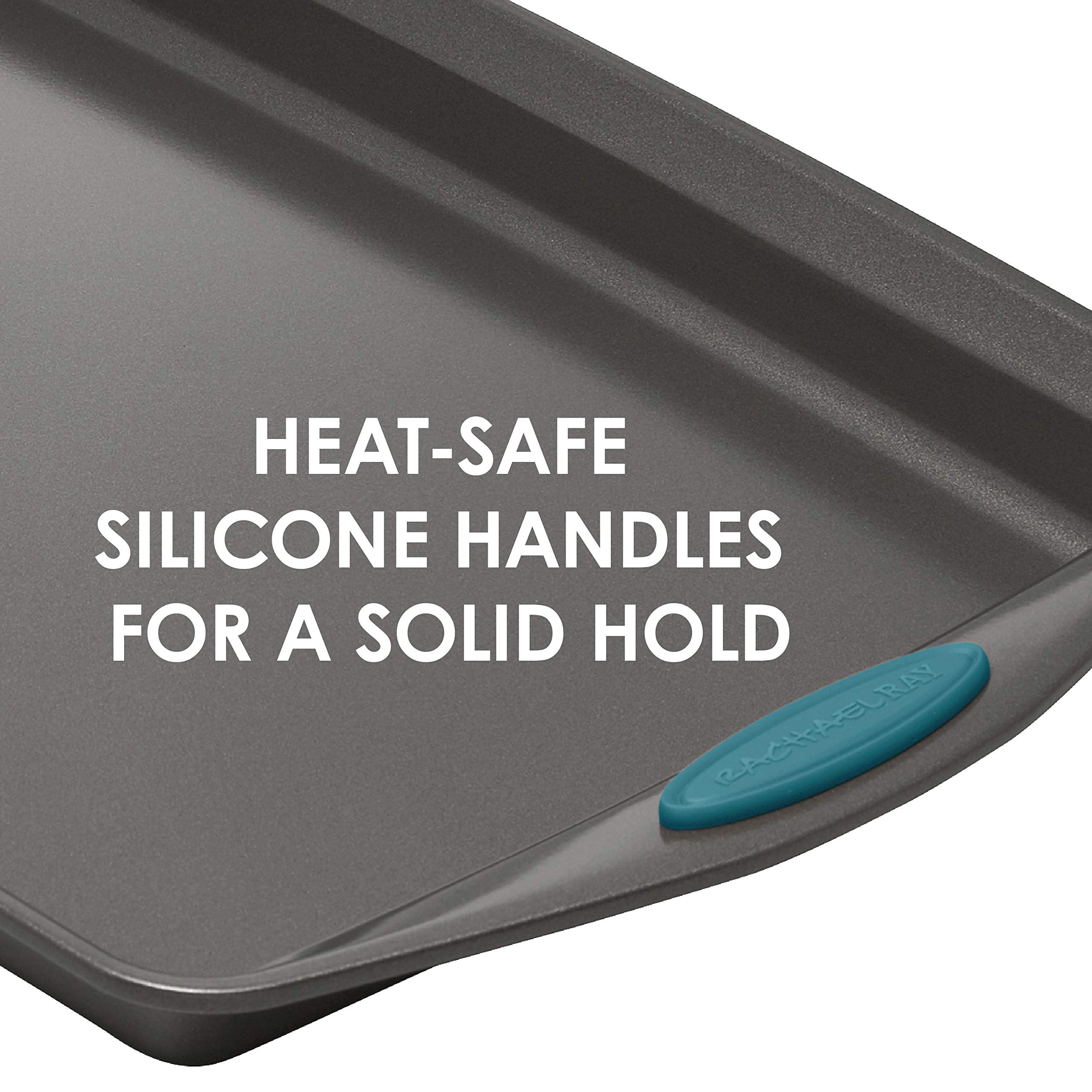 Rachael Ray pan with marine blue grips being lifted for safer handling