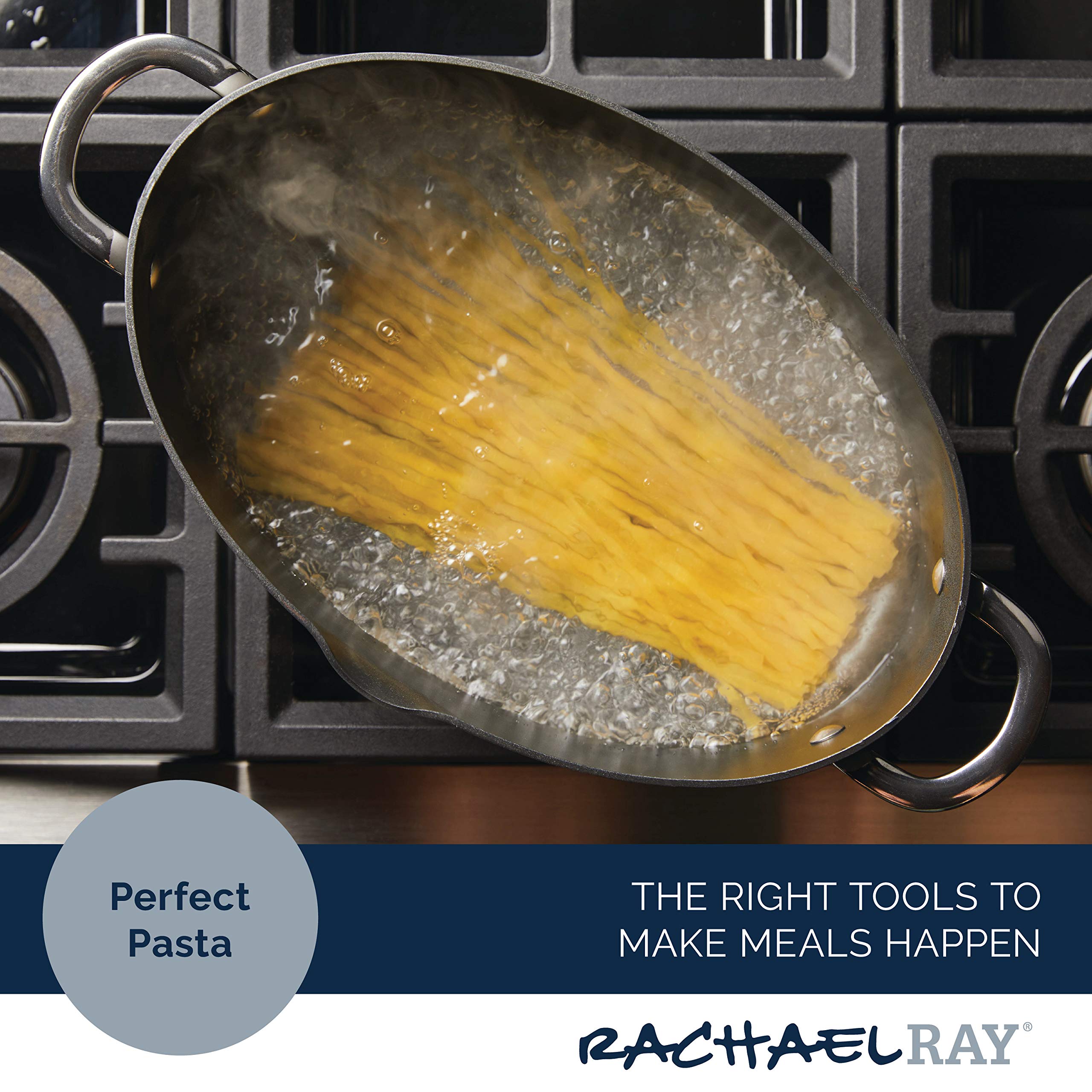Rachael Ray pot in use boiling whole spaghetti to keep noodles intact
