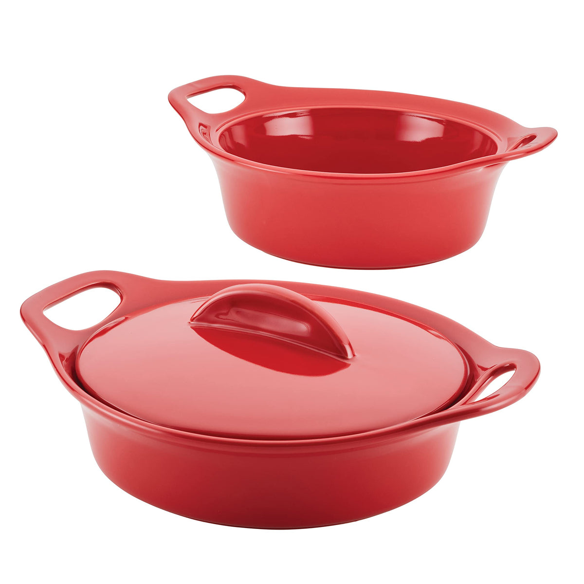 Rachael Ray front view of red ceramic baker set, attractive oven-to-table serving