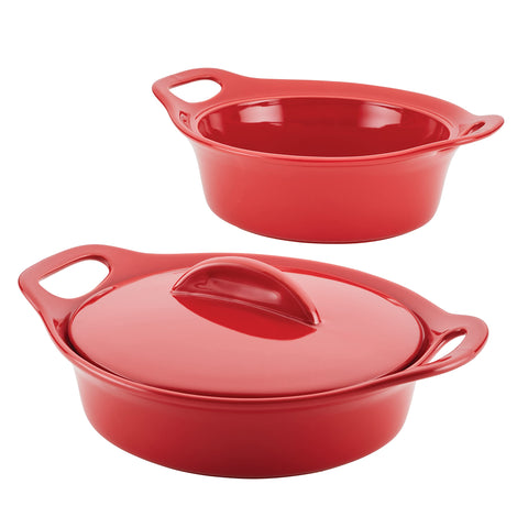 Rachael Ray front view of red ceramic baker set, attractive oven-to-table serving