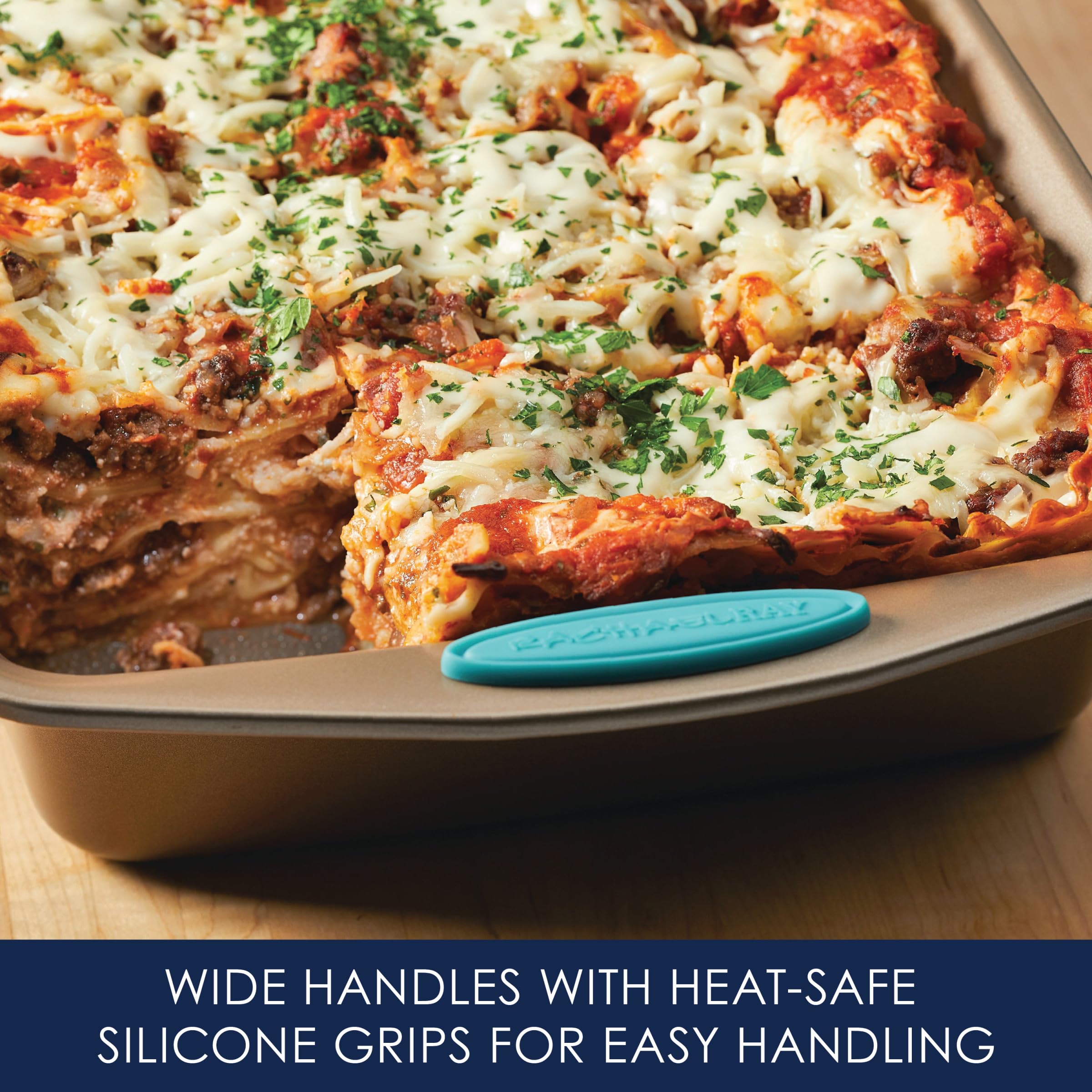 Rachael Ray rolled rim edge detail showing reinforced strength and easier lifting
