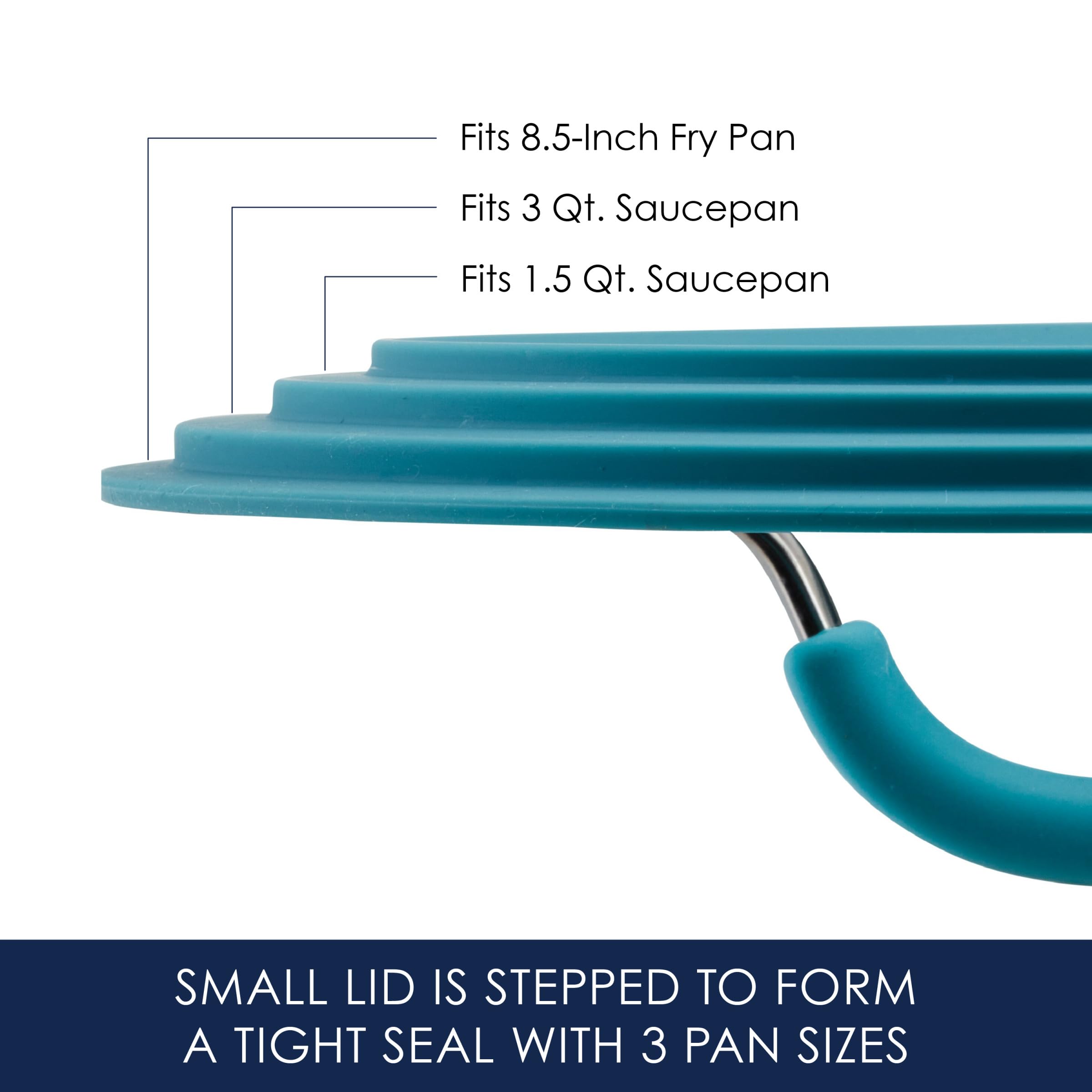 Rachael Ray saucepan with stepped-edge lid illustrating universal fit and seal