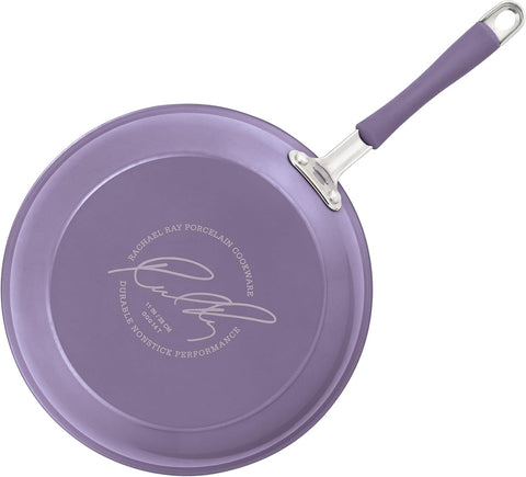 Rachael Ray cookware next to a plate for size comparison and scale