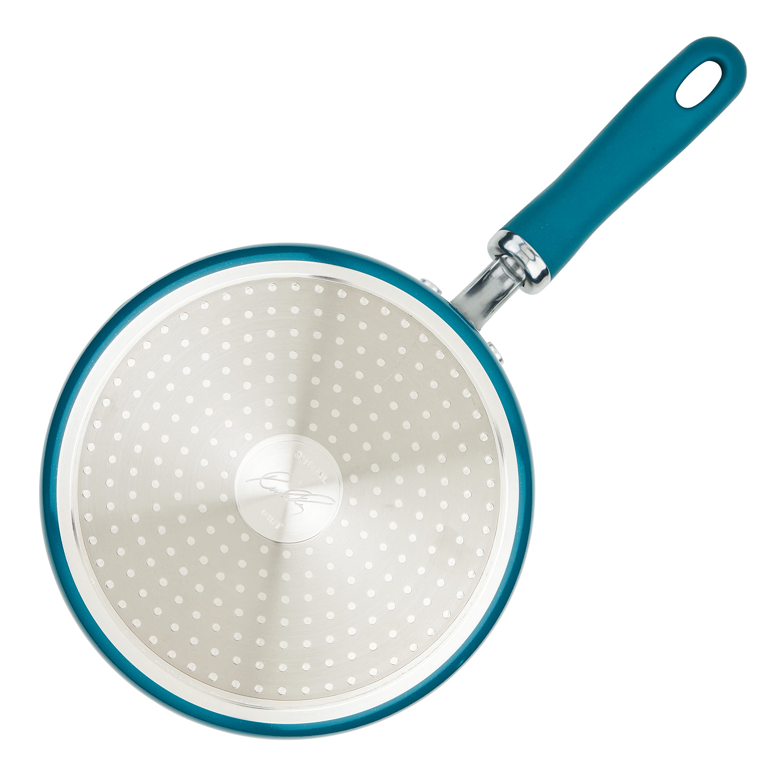 Rachael Ray saucepan beside ingredients showing 3-quart scale and capacity