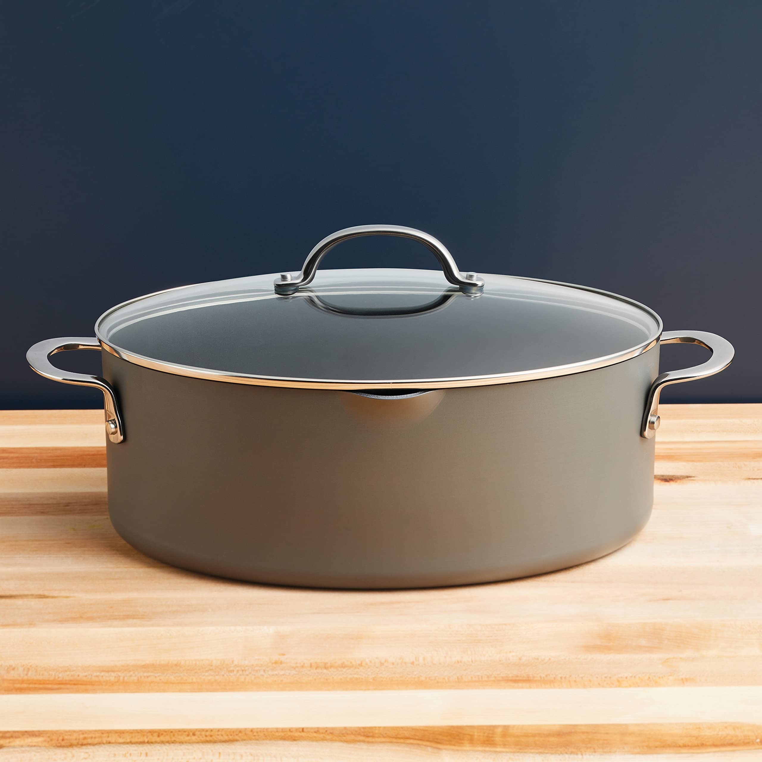Rachael Ray pot beside wooden spoon to show scale and usable capacity