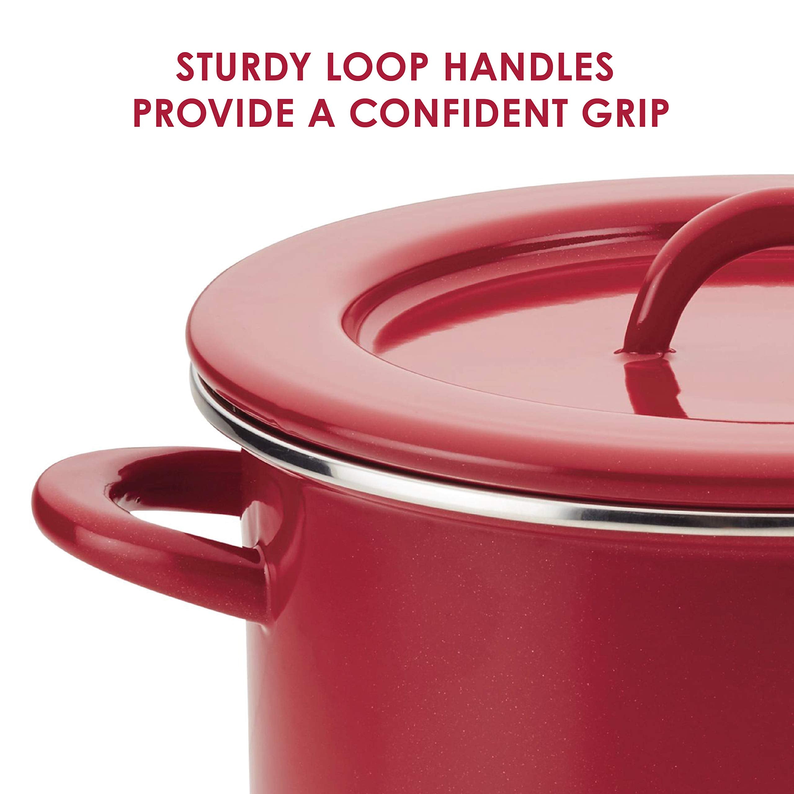 Rachael Ray stockpot handle closeup sturdy grip for safe heavy lifting