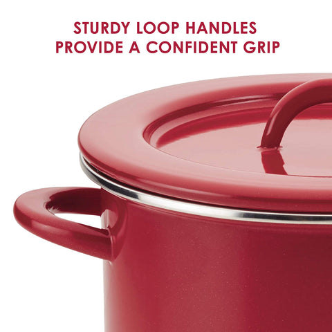 Rachael Ray stockpot handle closeup sturdy grip for safe heavy lifting