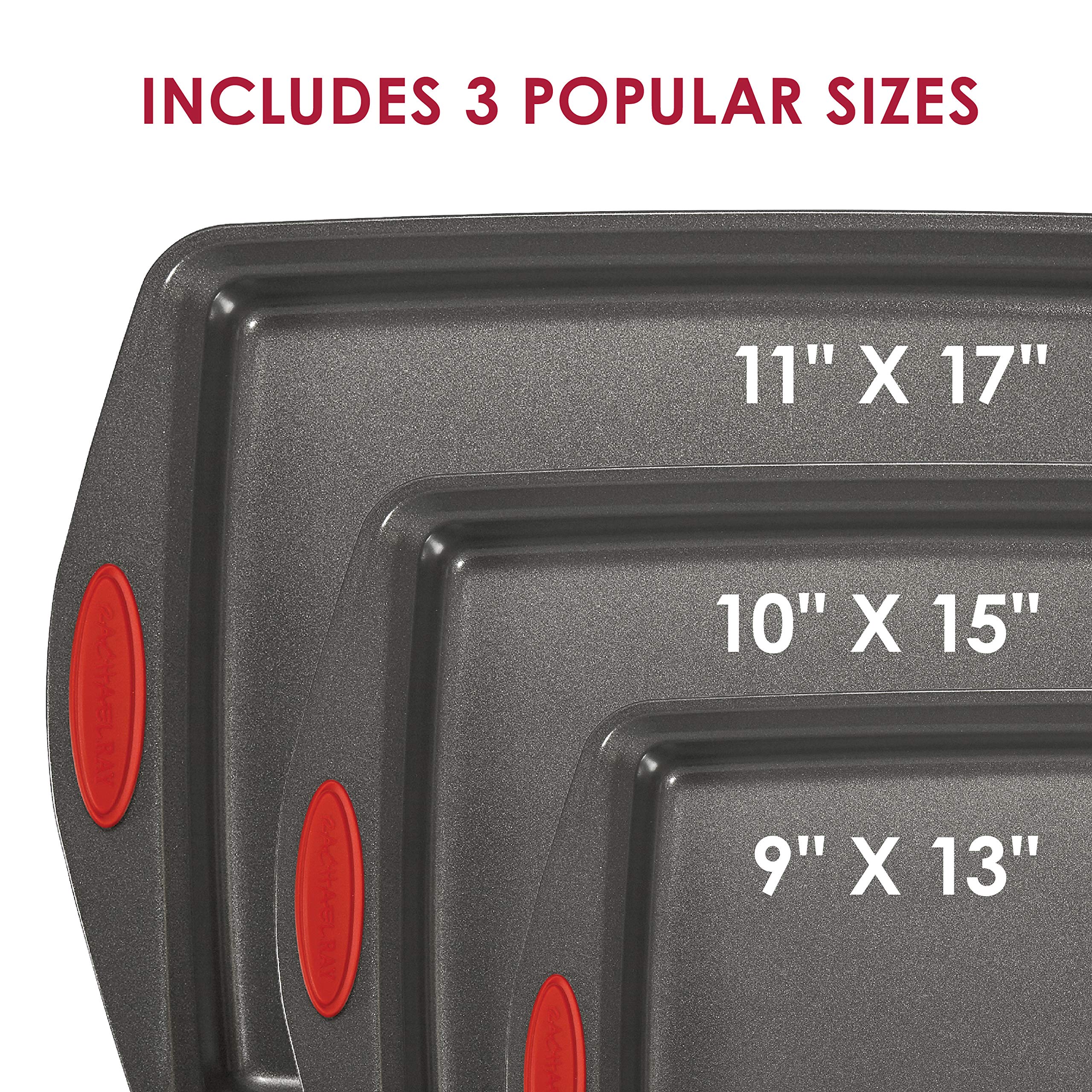 Rachael Ray top-down display of three pan sizes for versatile cooking