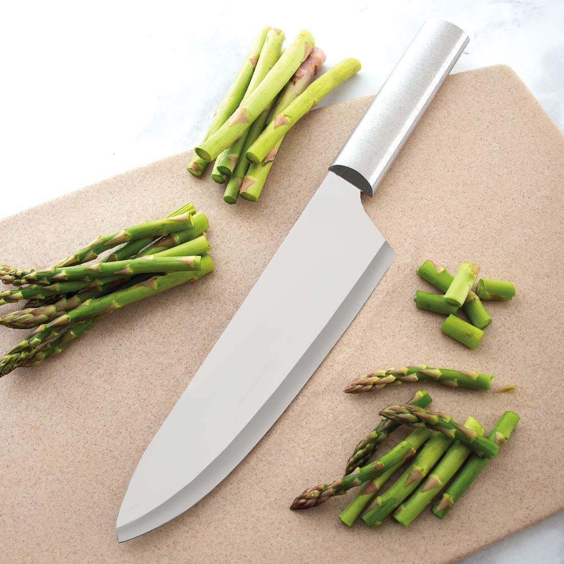 RADA knife next to cutting board showing scale and practical kitchen size