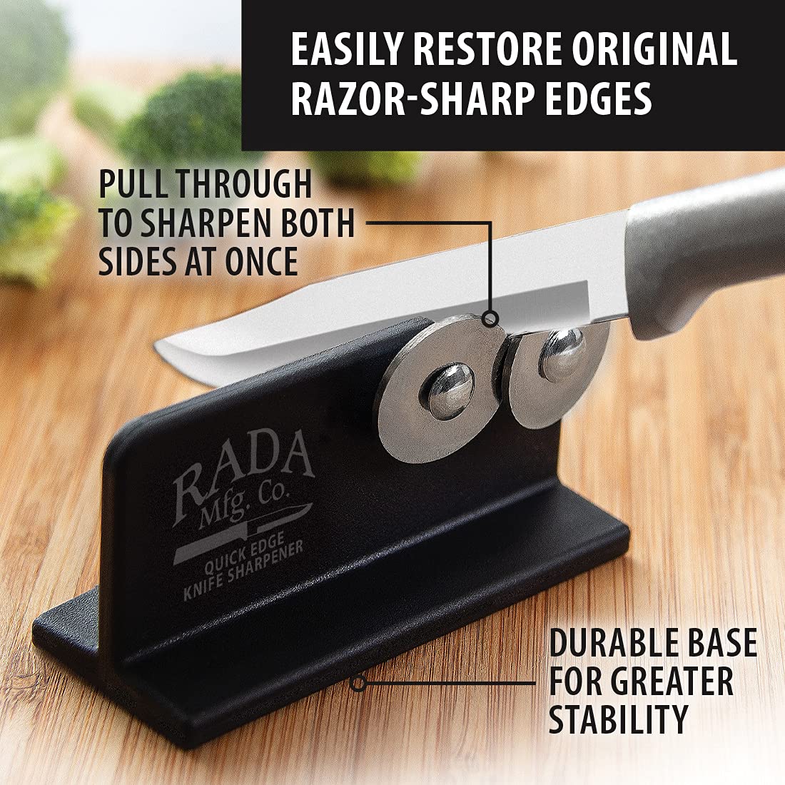 Rada Quick Edge held in hand demonstrating compact size and portable convenience