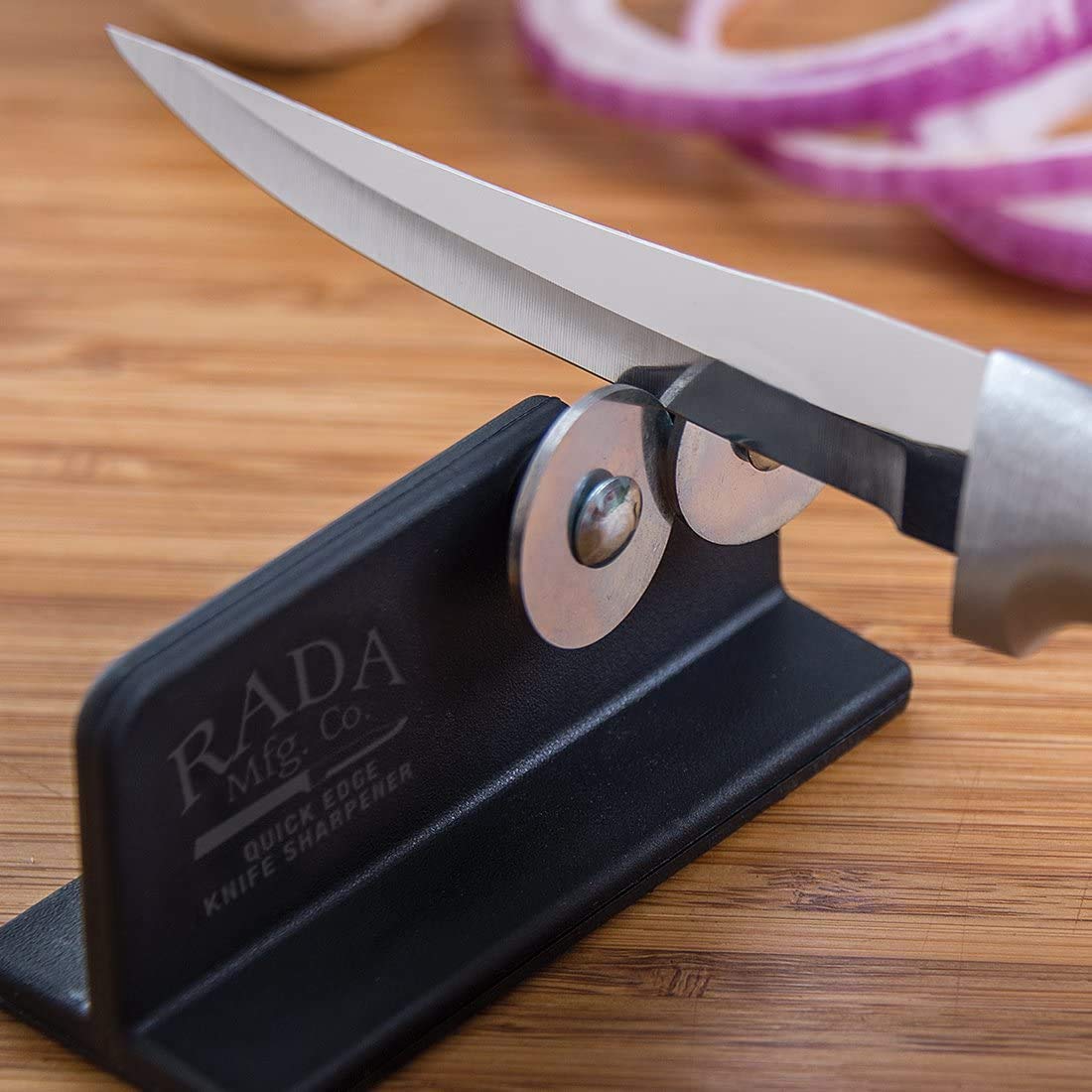 Rada Quick Edge sharpening a kitchen knife to restore slicing performance