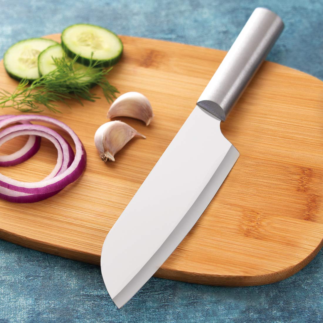 RADA knives beside common kitchen items showing scale and easy handling for home cooks