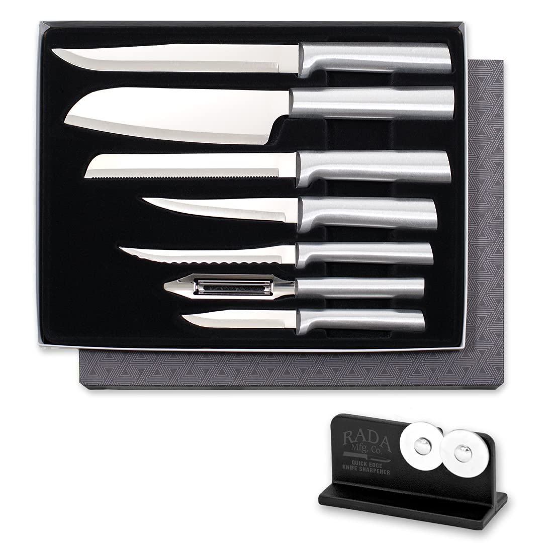 RADA starter set front view showing all seven knives and sharpener, organized for easy access
