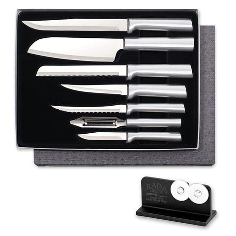 RADA starter set front view showing all seven knives and sharpener, organized for easy access