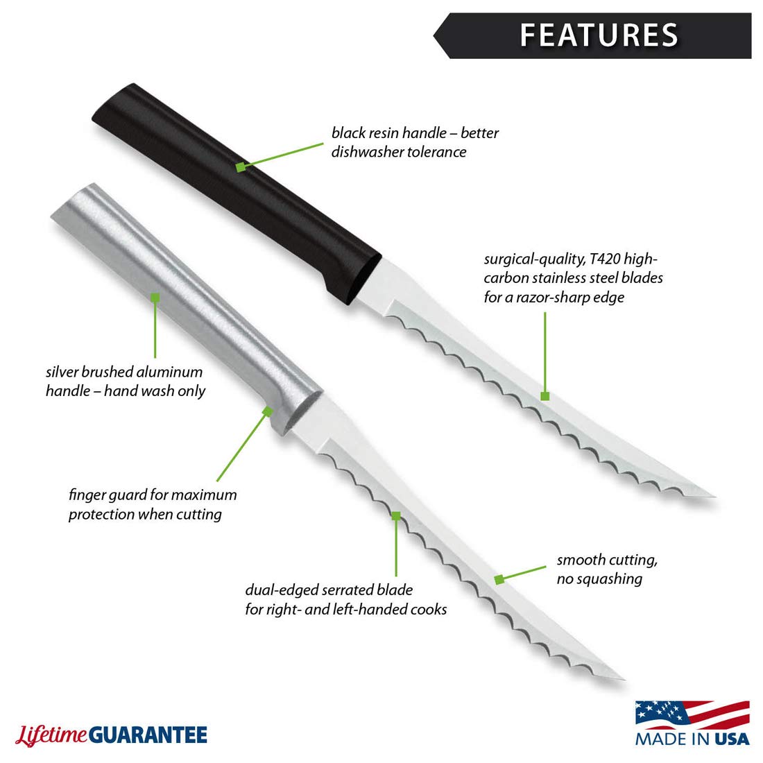 RADA close-up of dual-serrated T420 blade highlighting sharp hollow-ground edge
