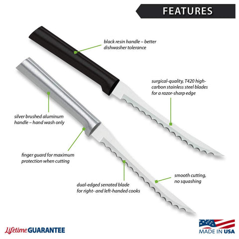 RADA close-up of dual-serrated T420 blade highlighting sharp hollow-ground edge
