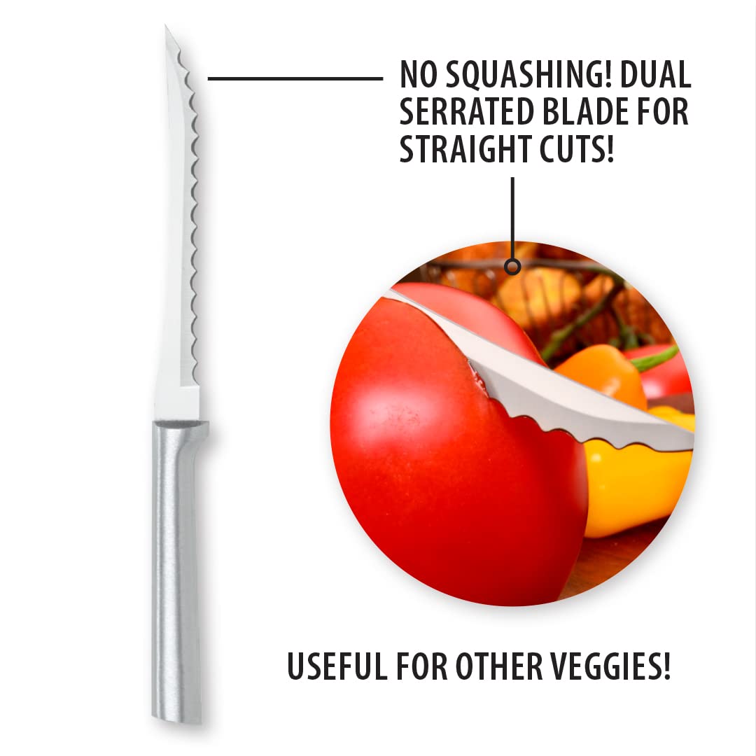 RADA knife slicing tomato on sandwich demonstrating clean, non-squashed slices