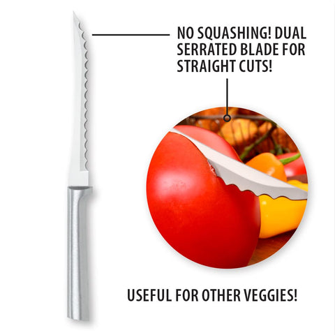 RADA knife slicing tomato on sandwich demonstrating clean, non-squashed slices