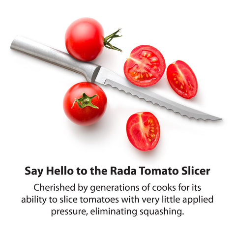 RADA neatly sliced tomatoes on a platter illustrating uniform slice thickness