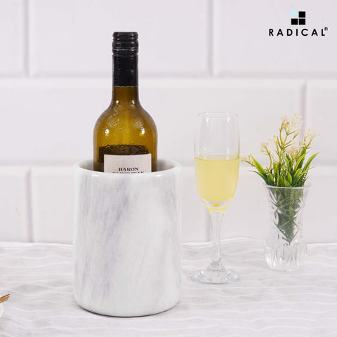 Radicaln marble chiller in use with wine bottle keeping bottle chilled and presented