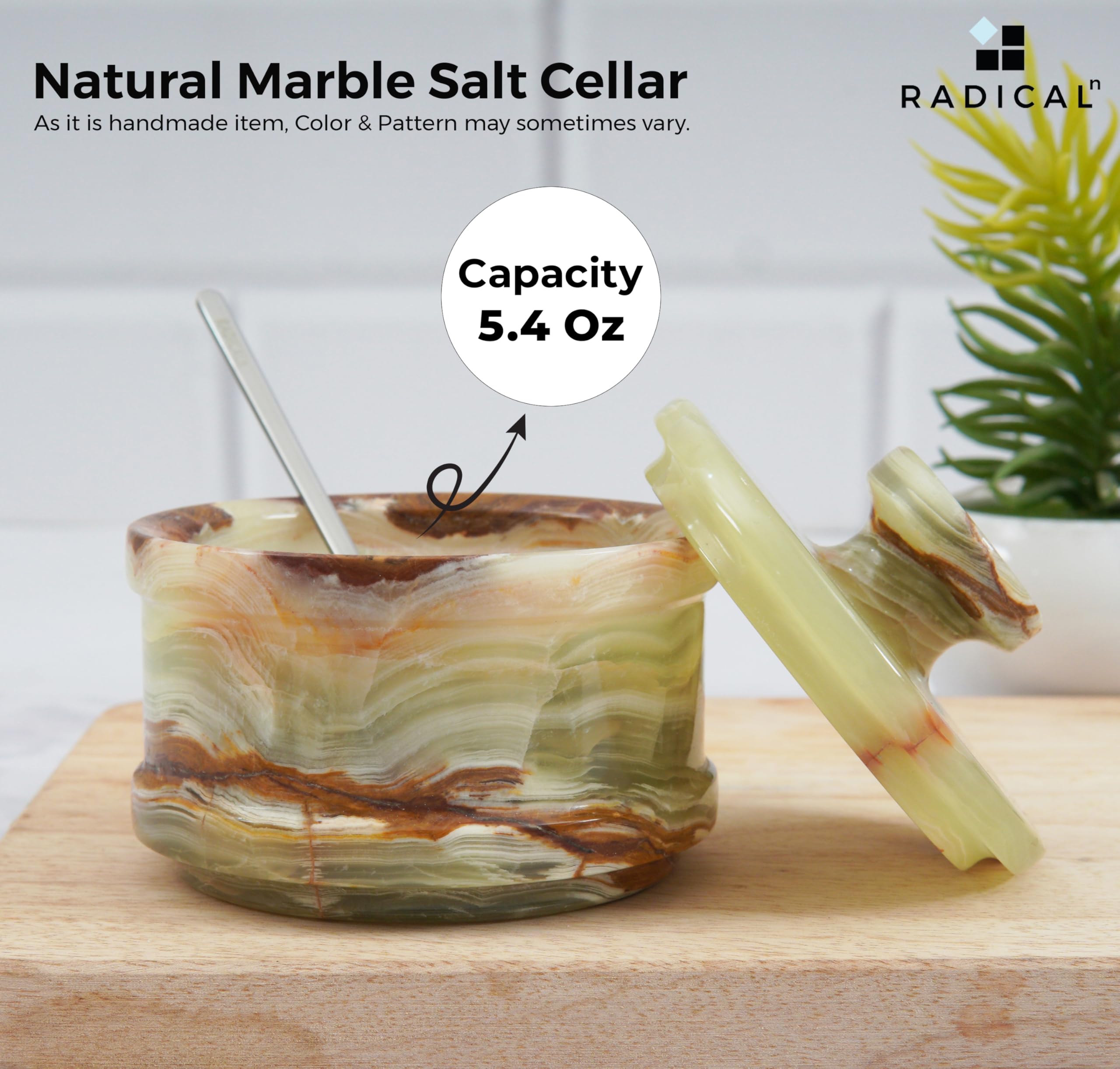 Radicaln salt cellar open with included spoon demonstrating easy scooping