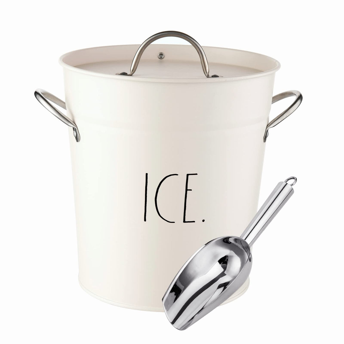 Rae Dunn ice bucket front view showing clean white design and serving readiness