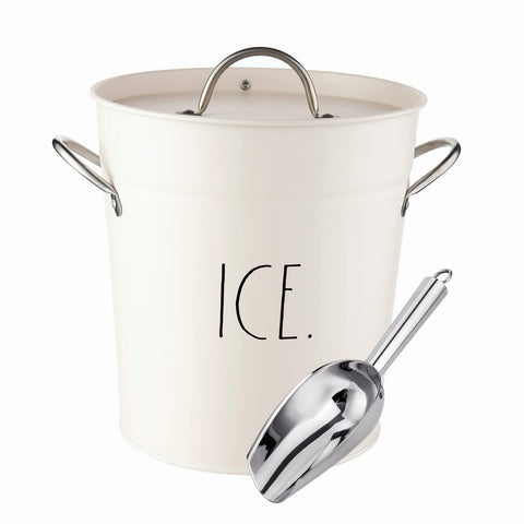 Rae Dunn ice bucket front view showing clean white design and serving readiness