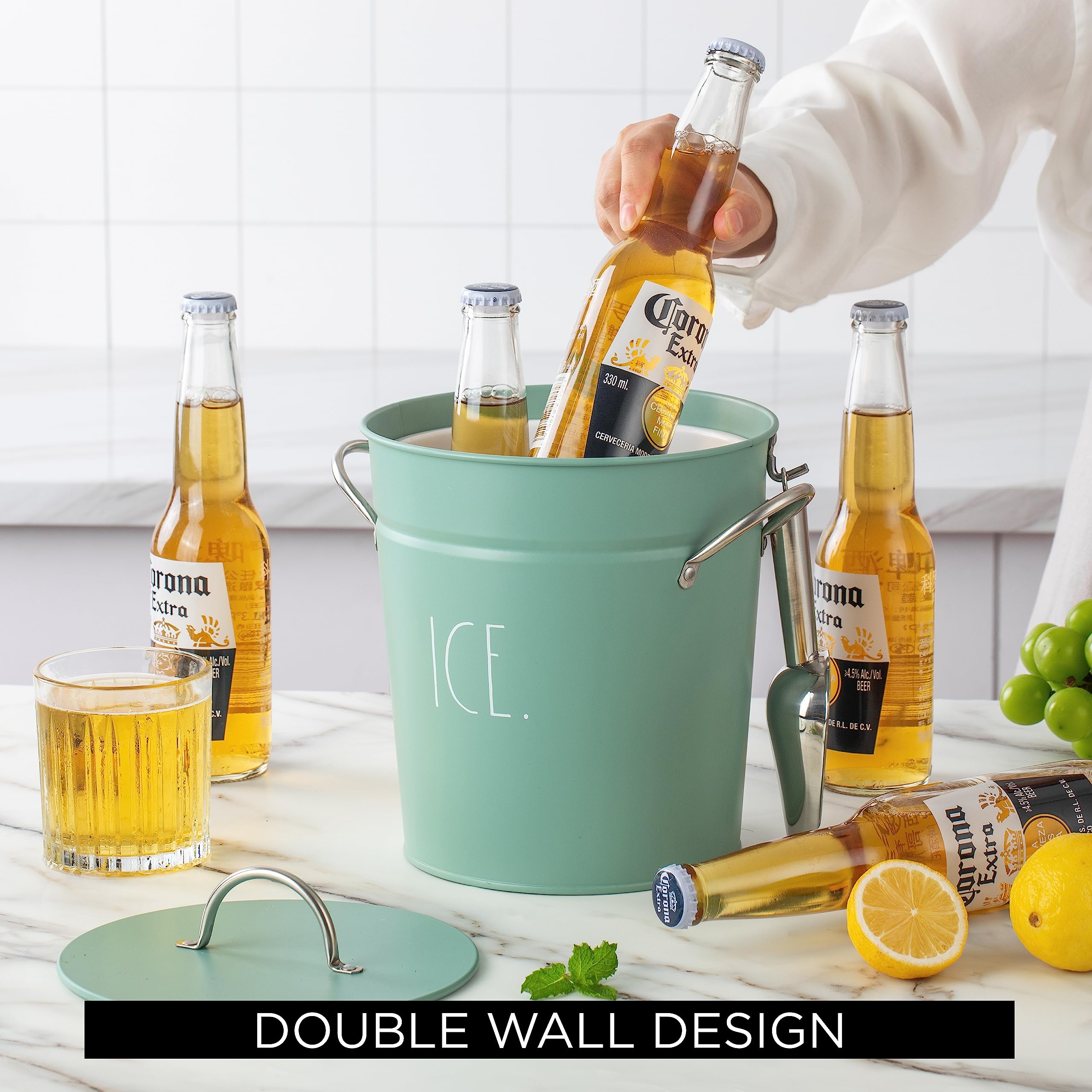 Rae Dunn ice bucket in use at patio party keeping drinks chilled and accessible