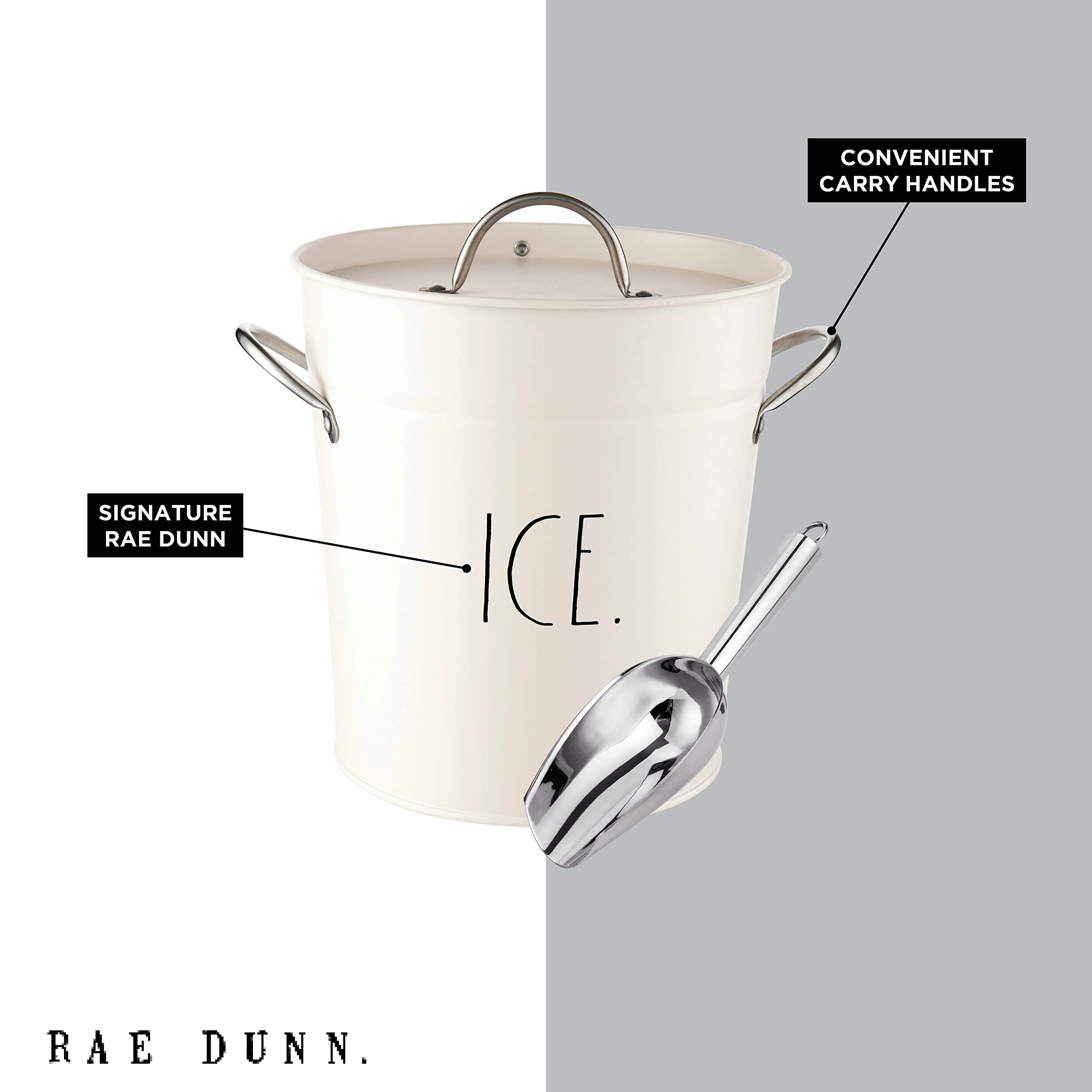 Rae Dunn ice bucket on backyard table conveying stylish party presentation