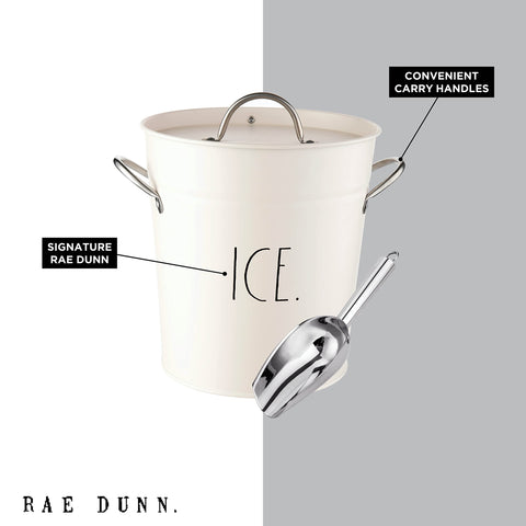 Rae Dunn ice bucket on backyard table conveying stylish party presentation