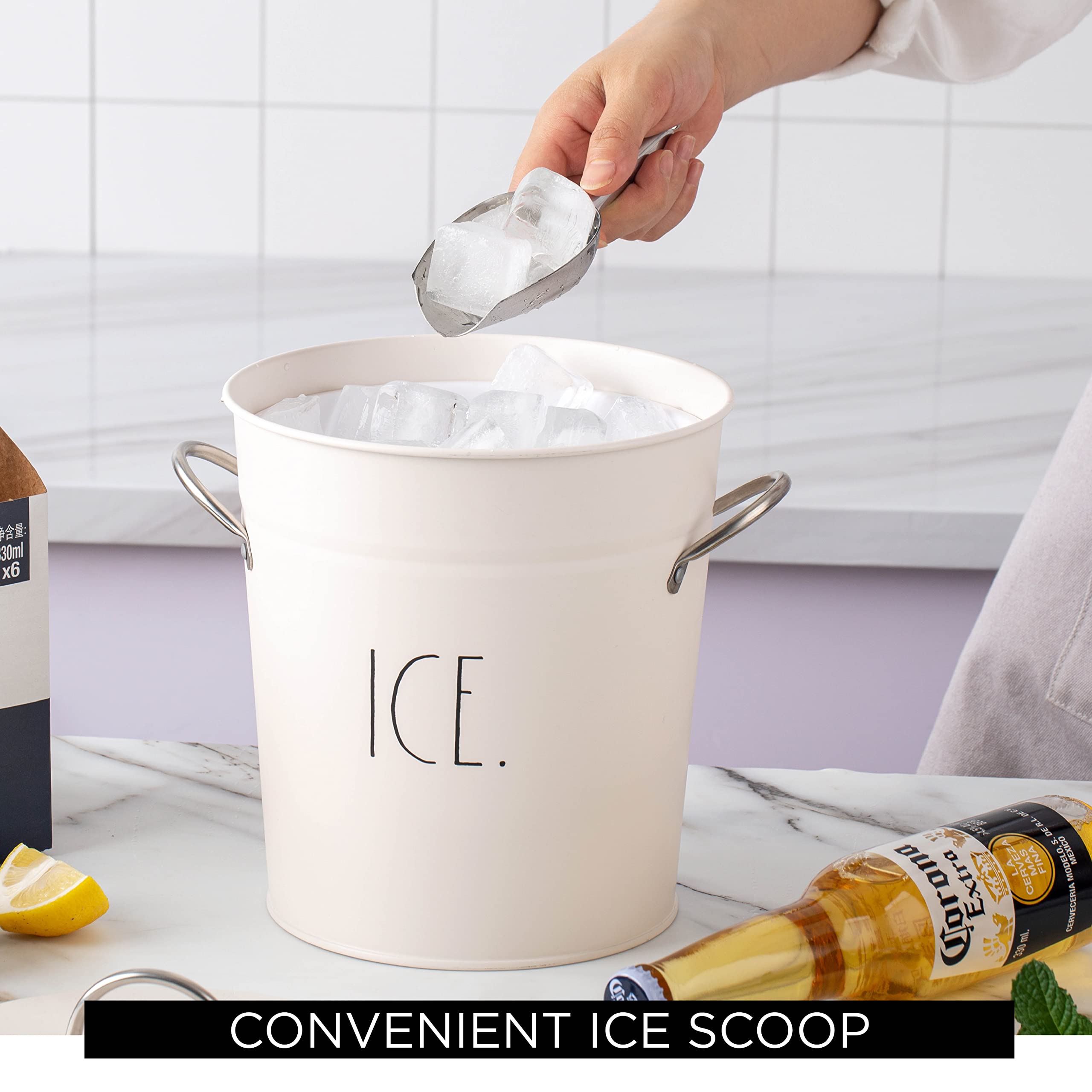 Rae Dunn ice bucket stainless closeup showing durable, rust-resistant finish