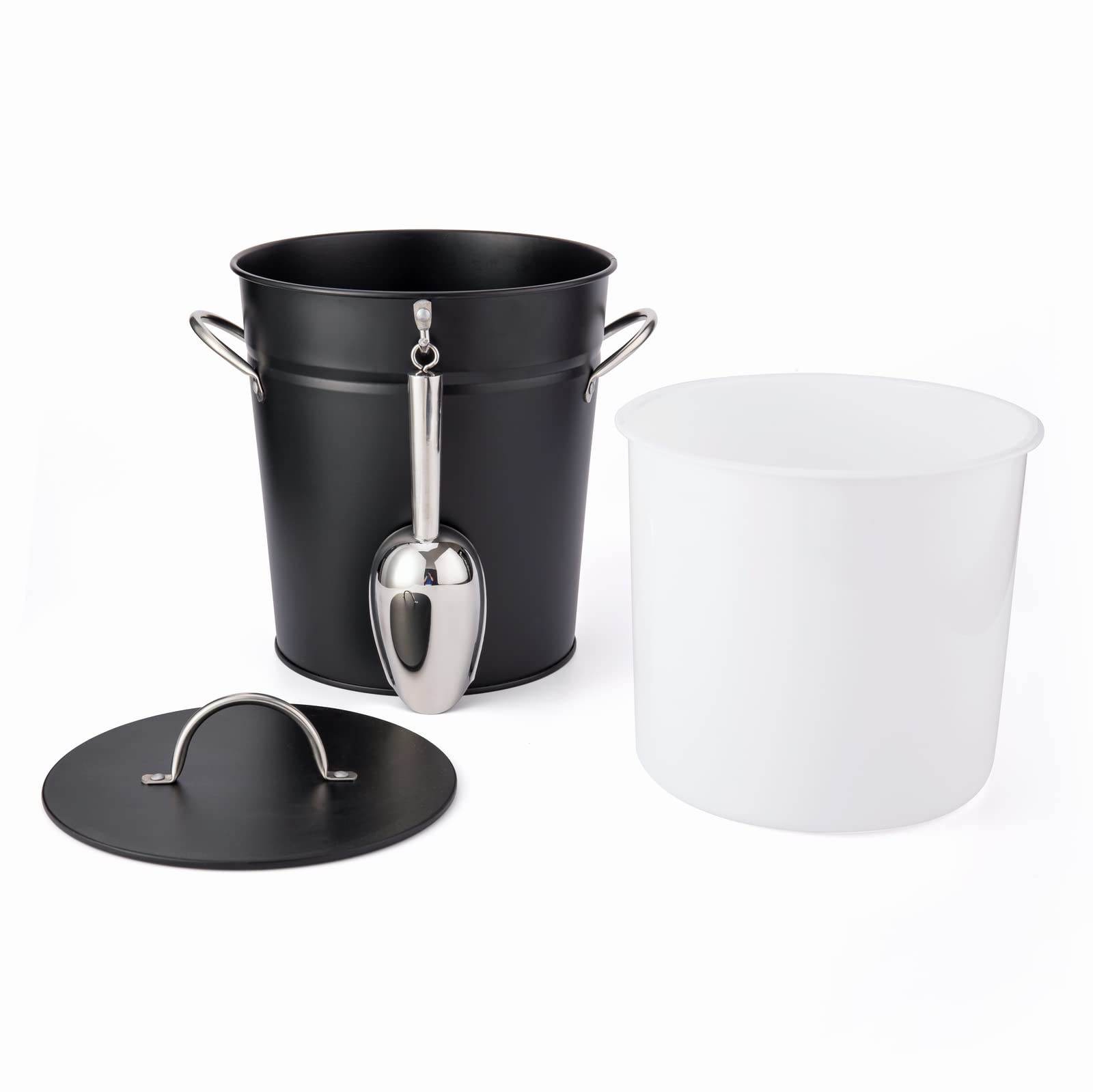 Rae Dunn ice bucket on outdoor table for parties and backyard use