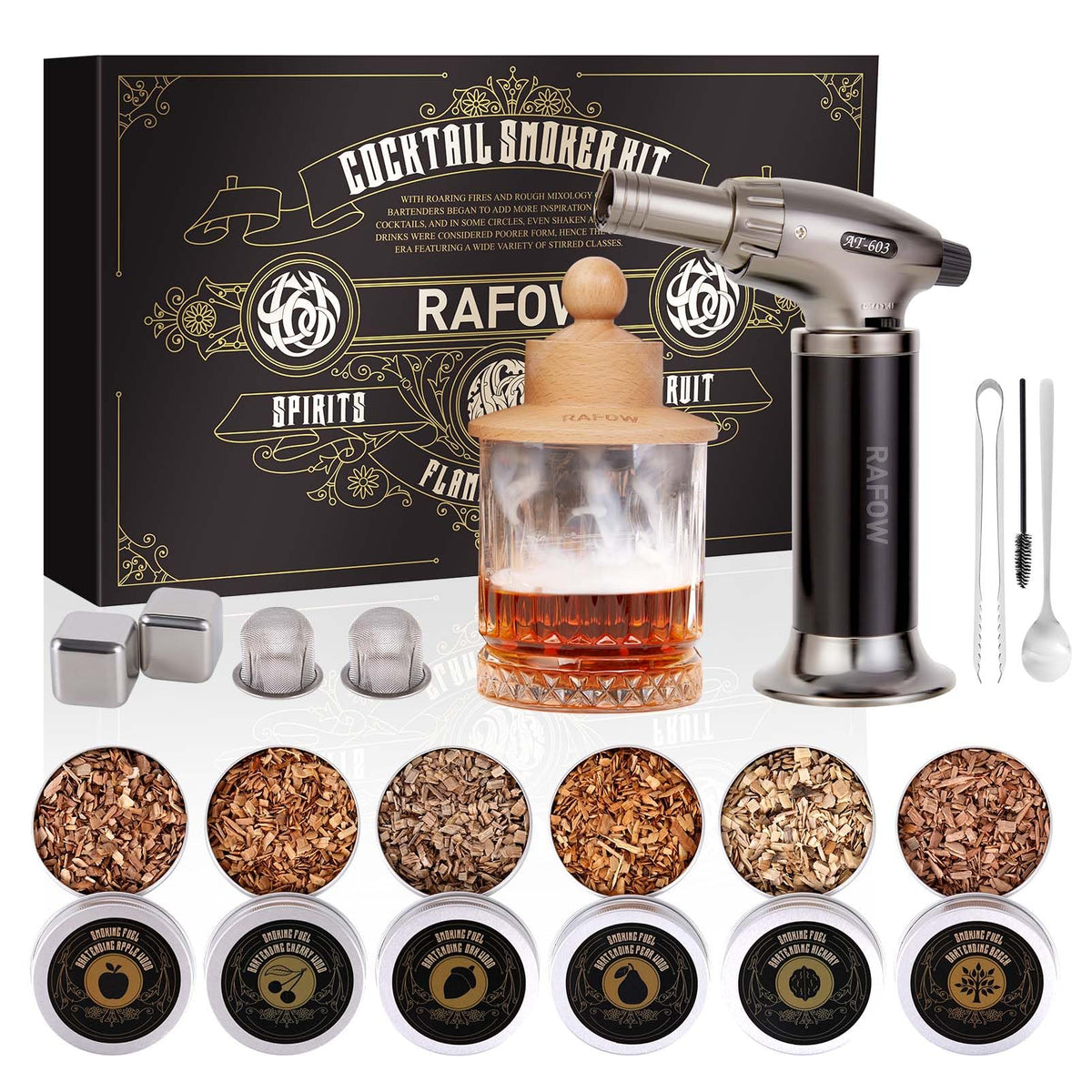 Rafow boxed smoker kit laid out showing all components and gift packaging