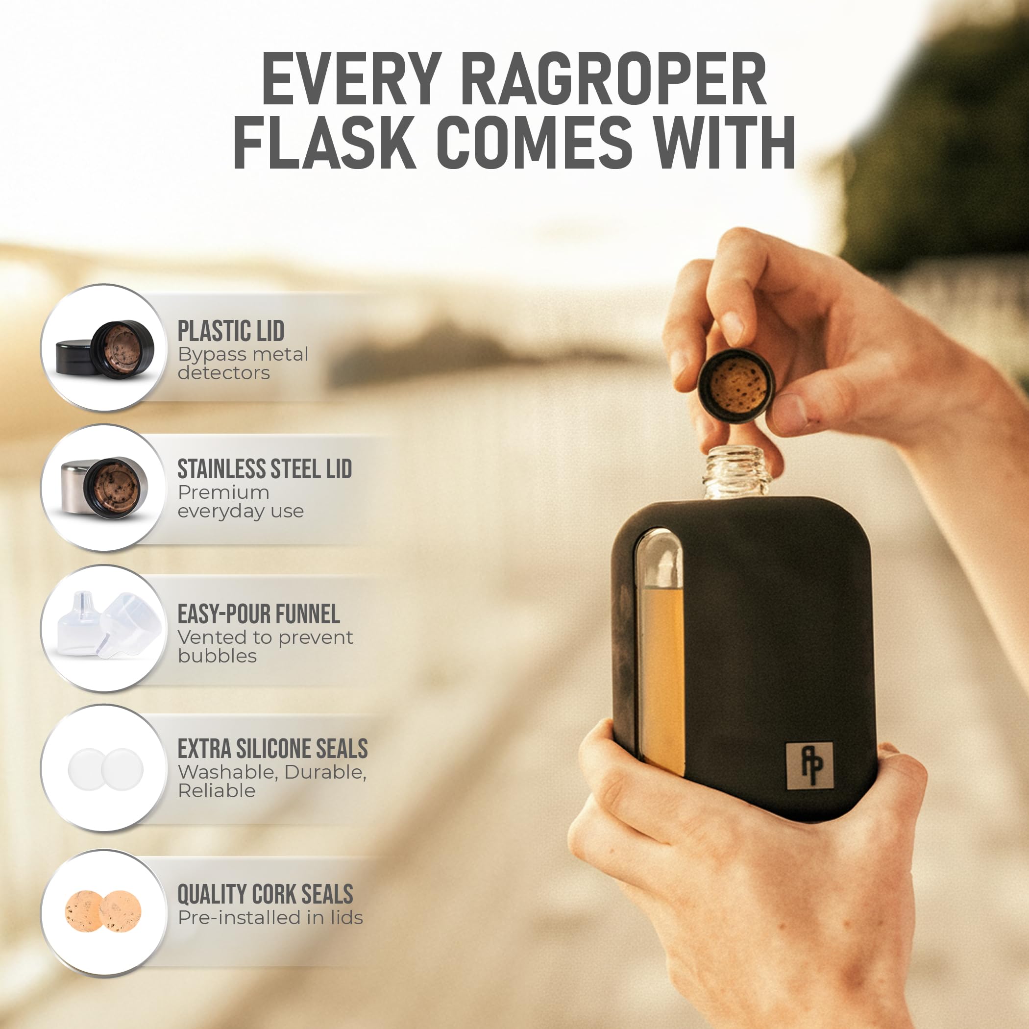 Ragproper cork and silicone liners displayed offering leak-resistant sealing
