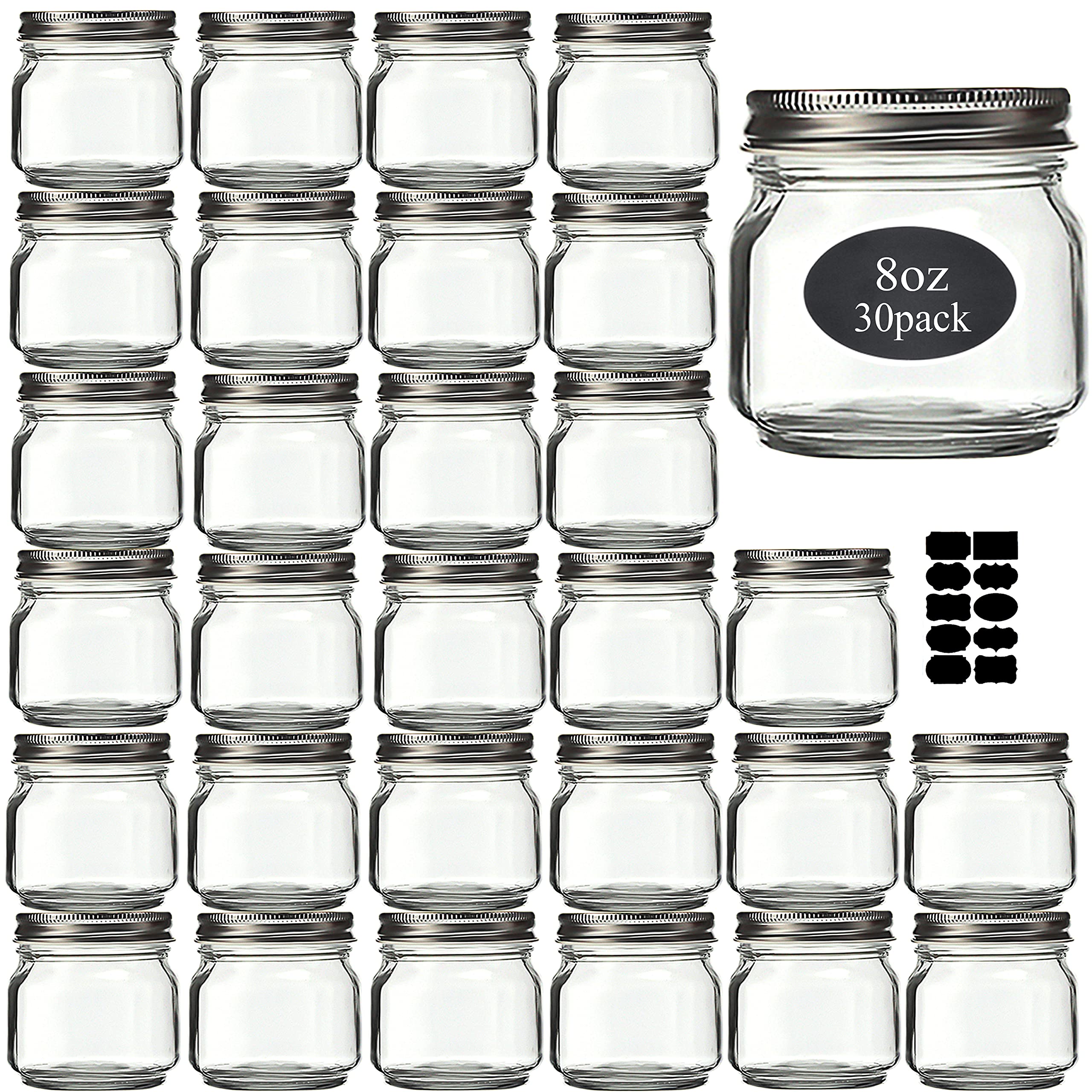 Rainforce front view of 30-pack jars showing clear glass and silver lids, ready to store
