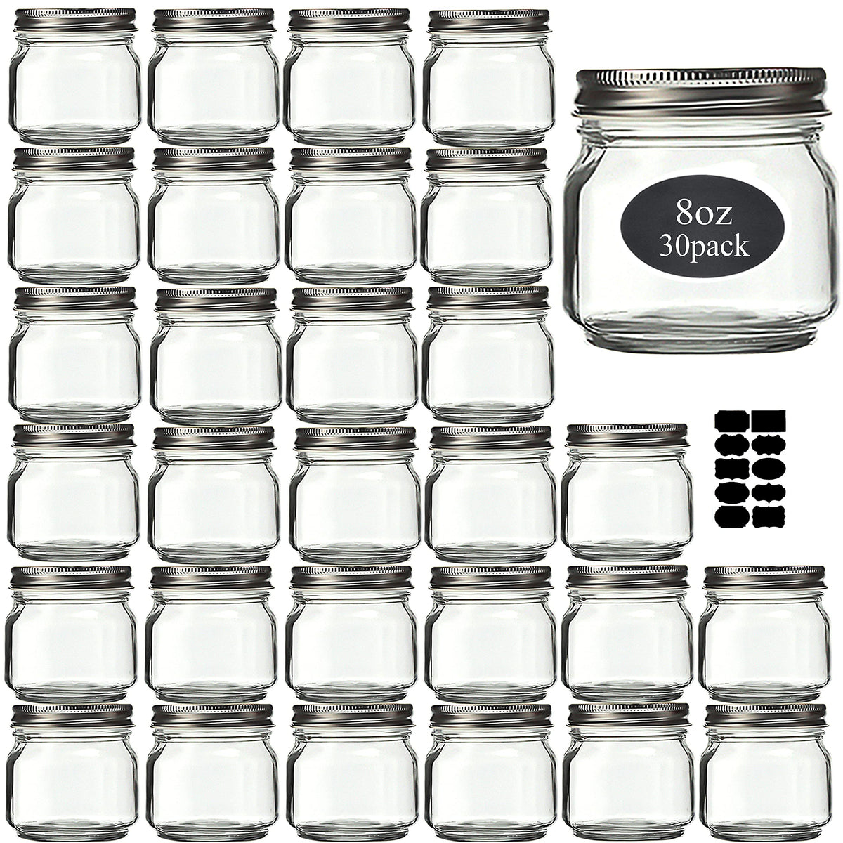 Rainforce front view of 30-pack jars showing clear glass and silver lids, ready to store