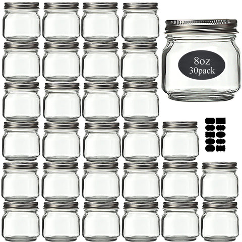 Rainforce front view of 30-pack jars showing clear glass and silver lids, ready to store