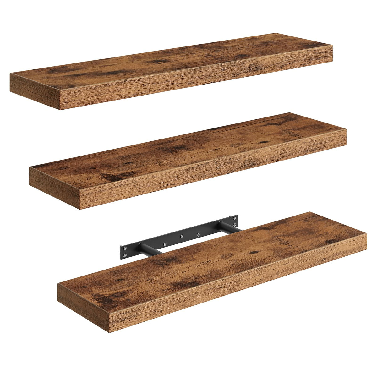 RALGEND front view of three rustic brown floating shelves showing tidy storage benefit