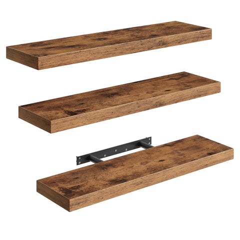 RALGEND front view of three rustic brown floating shelves showing tidy storage benefit