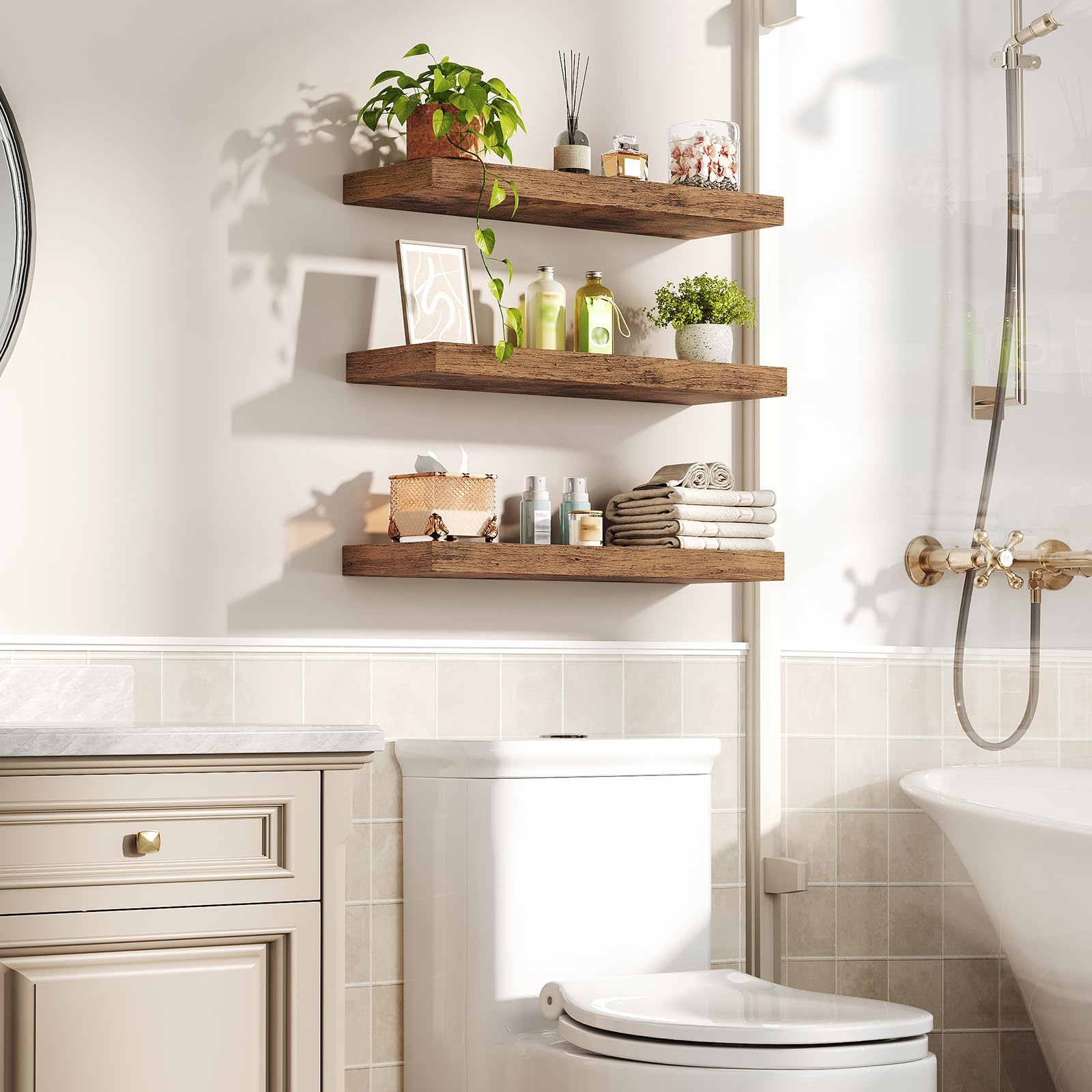 RALGEND shelves styled in living room with frames and plants for decorative benefit