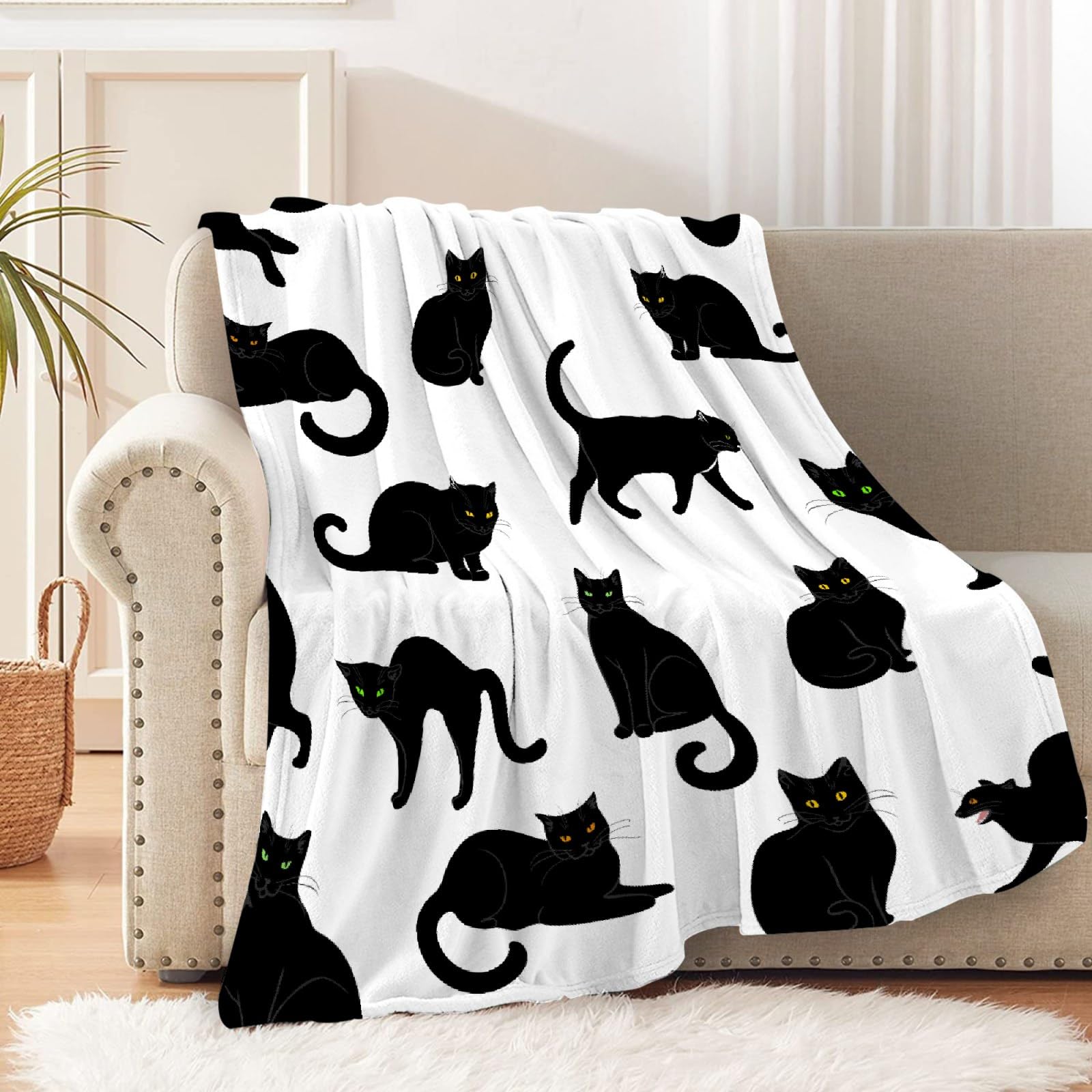 RAMEN BLANKET folded front view showing black cat print and soft texture for cozy decor