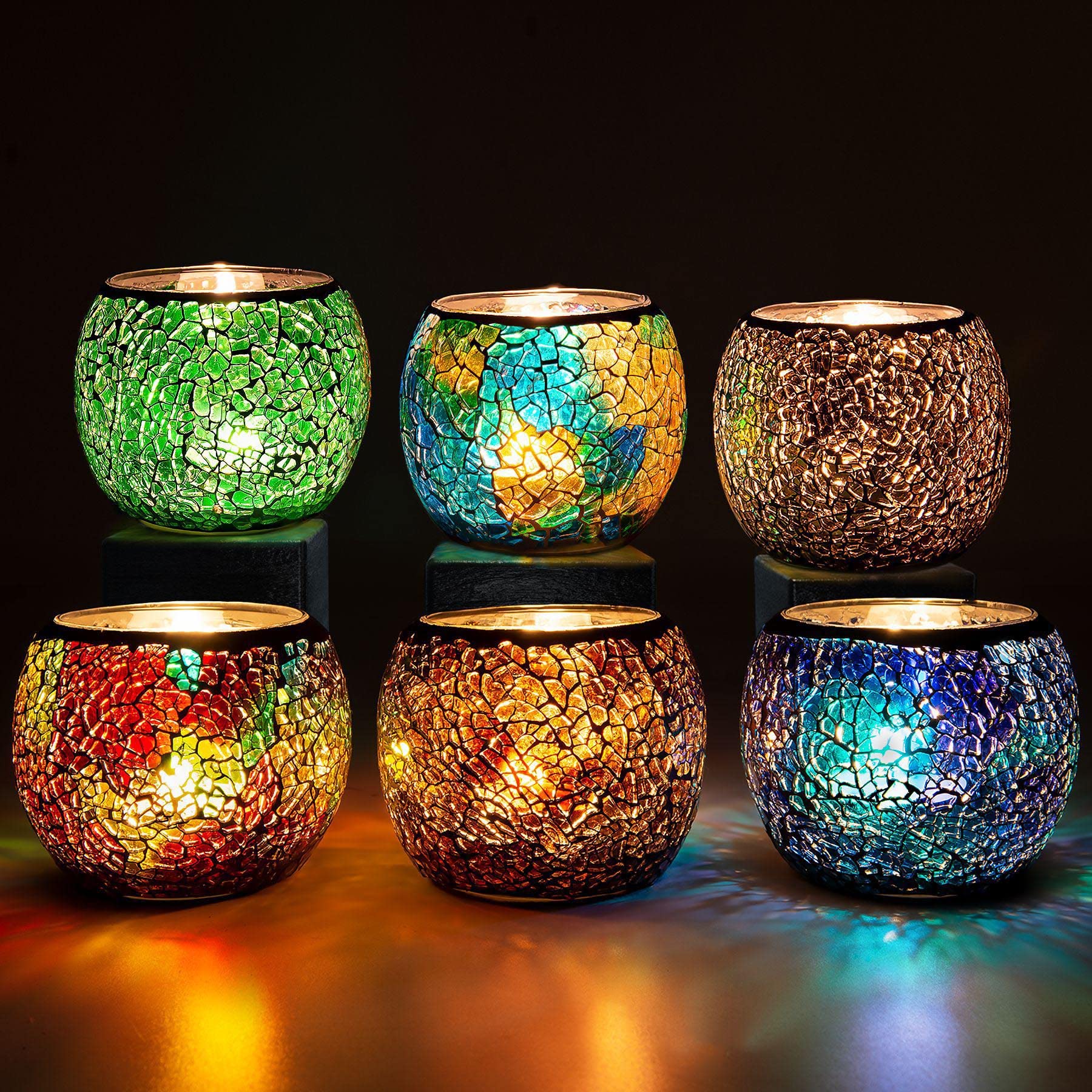 Rancco front view of six-piece votive set showing colorful mosaic design and benefit warm glow
