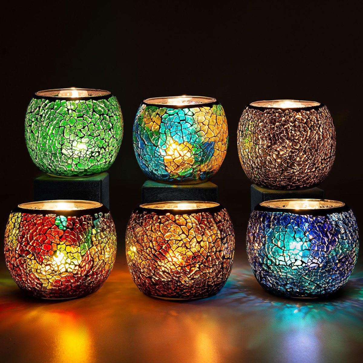 Rancco front view of six-piece votive set showing colorful mosaic design and benefit warm glow