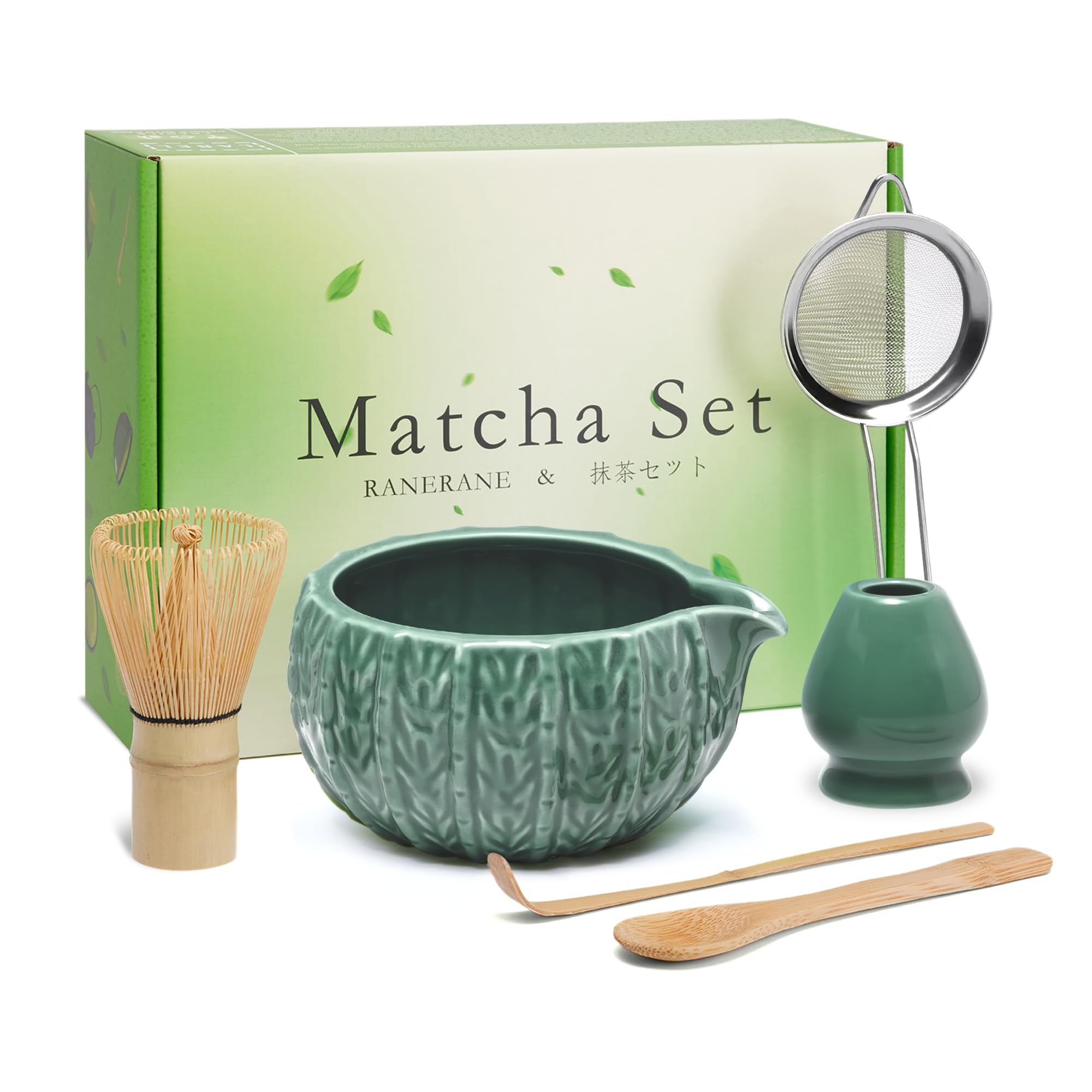 RANERANE matcha set front view showing complete kit and elegant dark green finish
