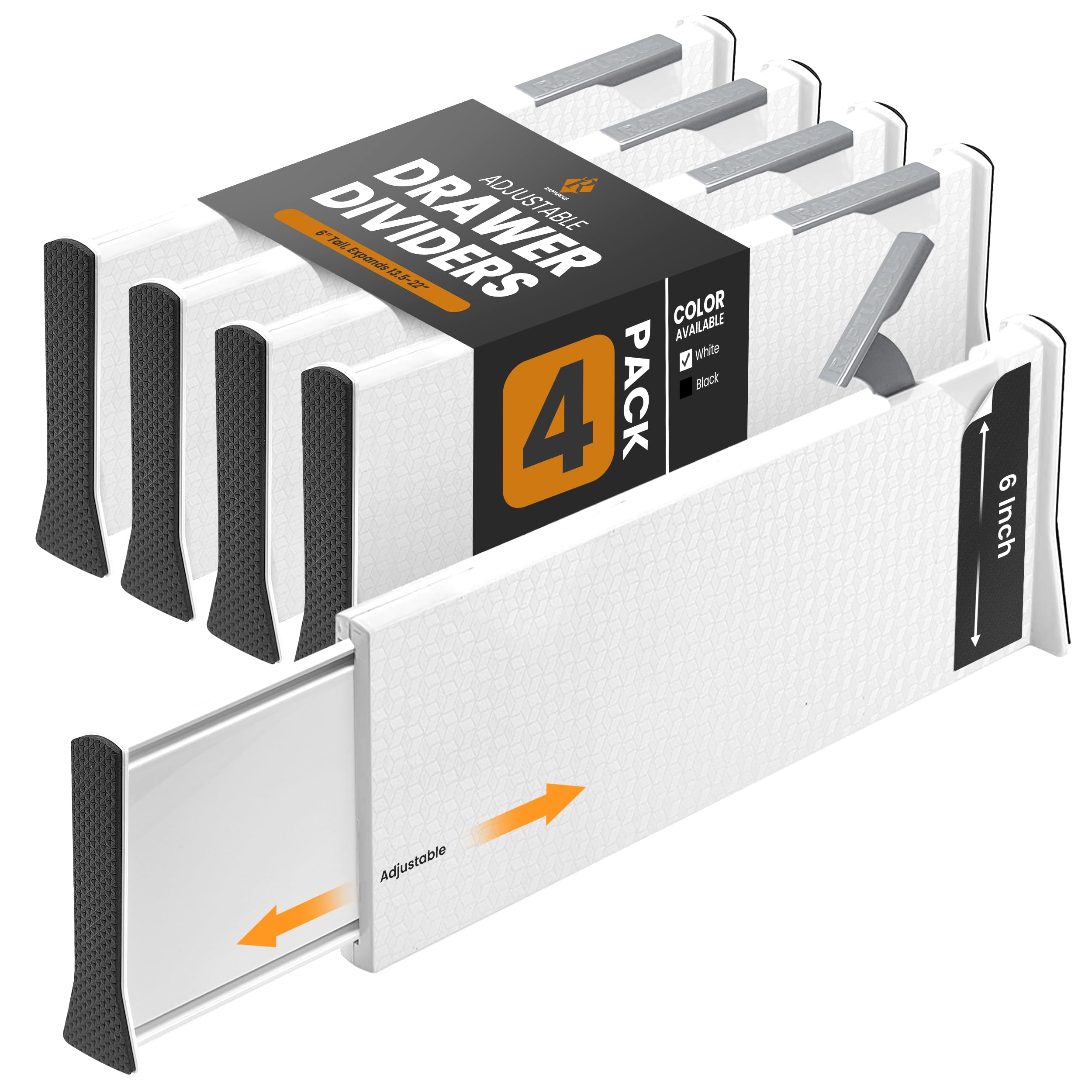 RAPTUROUS front view of 4-pack dividers showing neat packaging and benefit of organized drawers