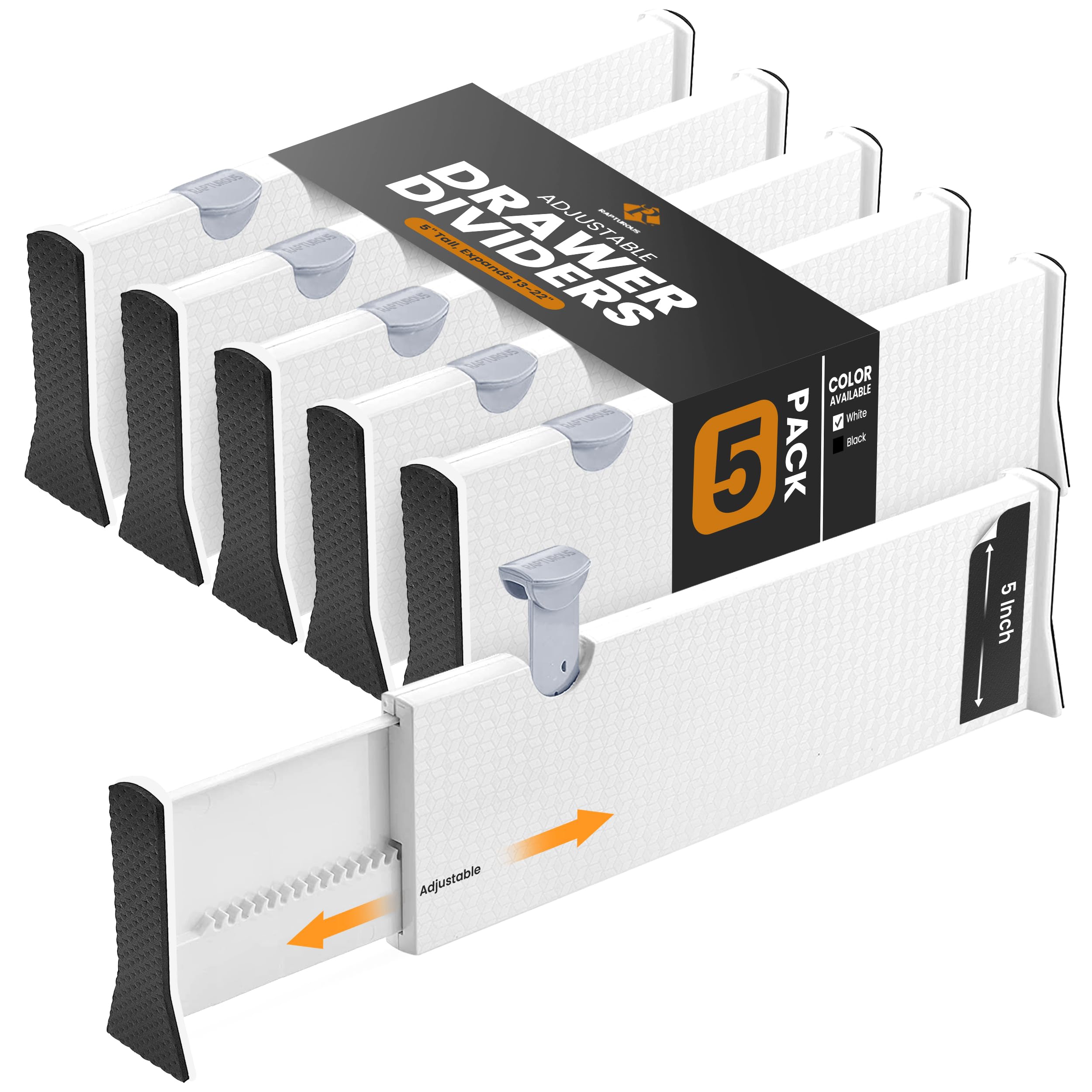 RAPTUROUS front view shows five dividers neatly packed and ready to organize