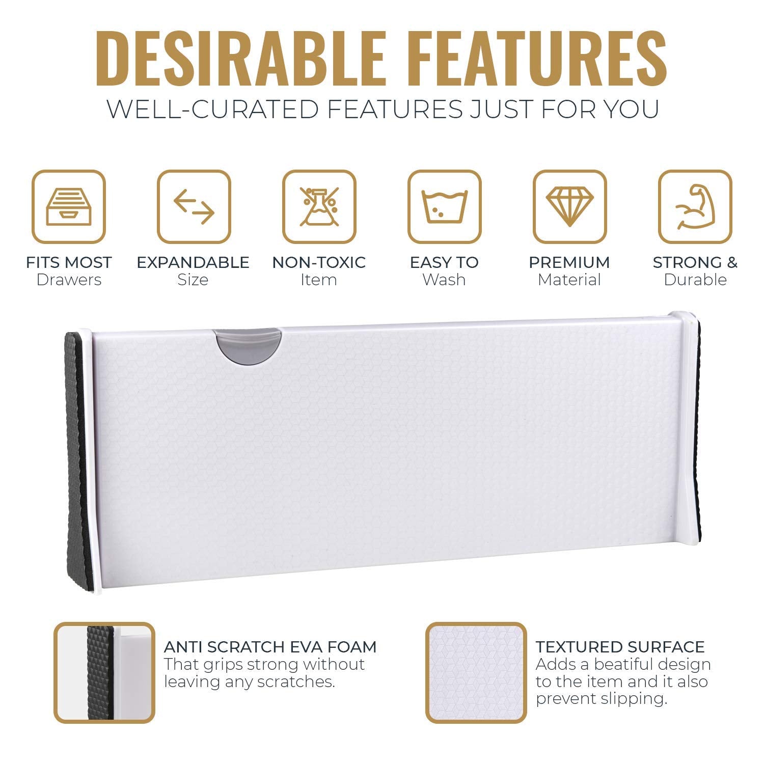RAPTUROUS wide base and non-slip end caps for drawer stability