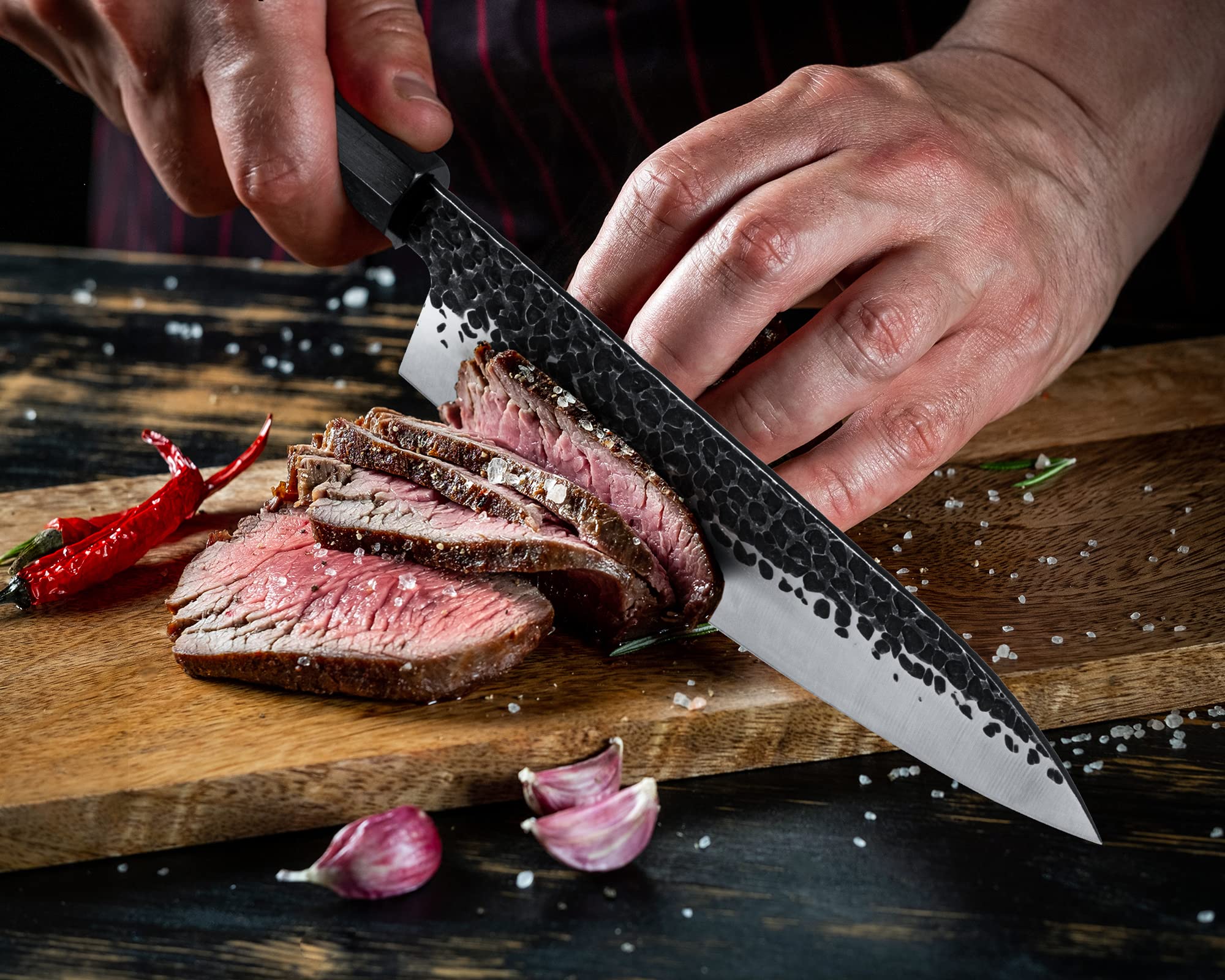 RASSE chef using Gyuto to slice vegetables showcasing smooth slicing benefit
