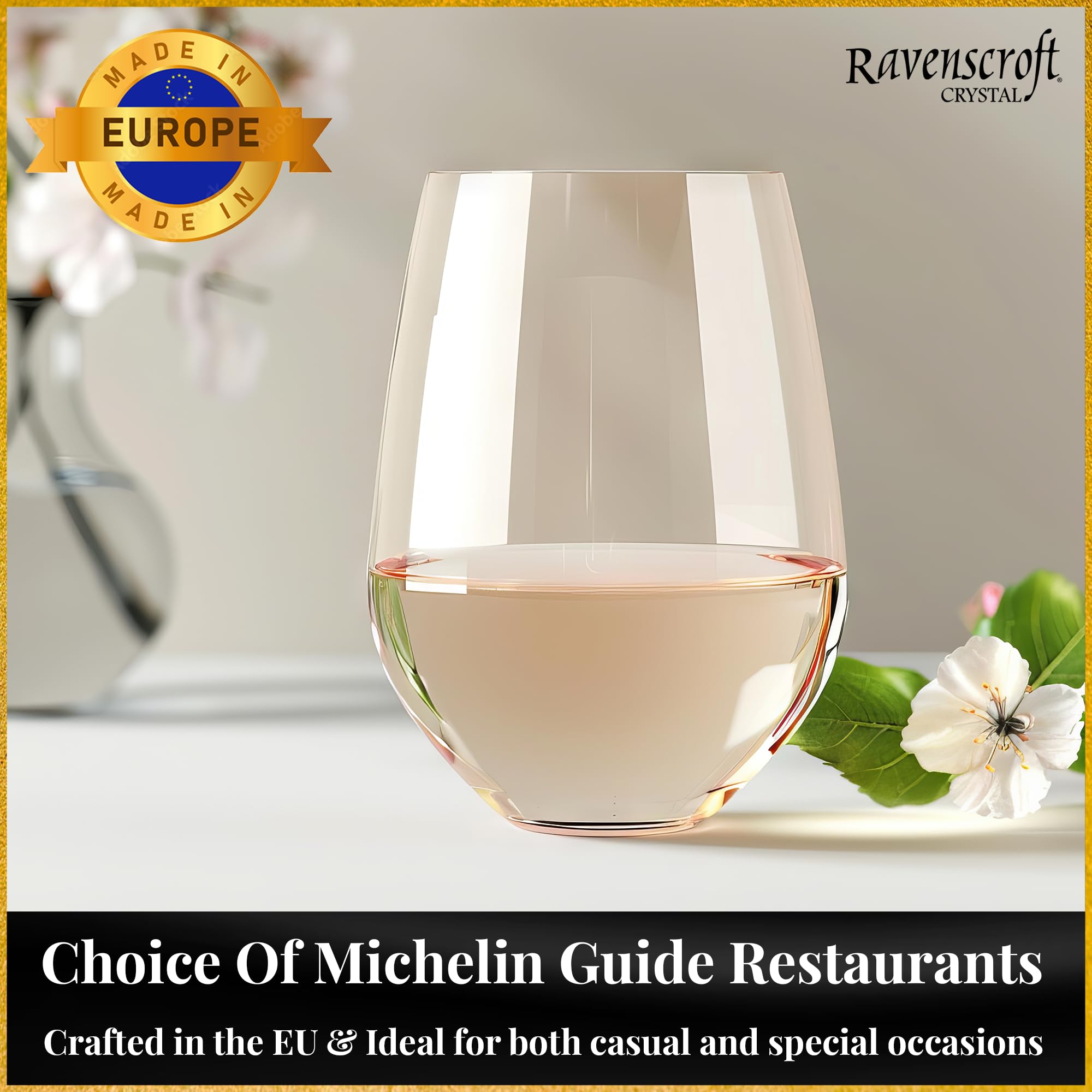 Ravenscroft glass with white wine on table suggesting versatile serving use